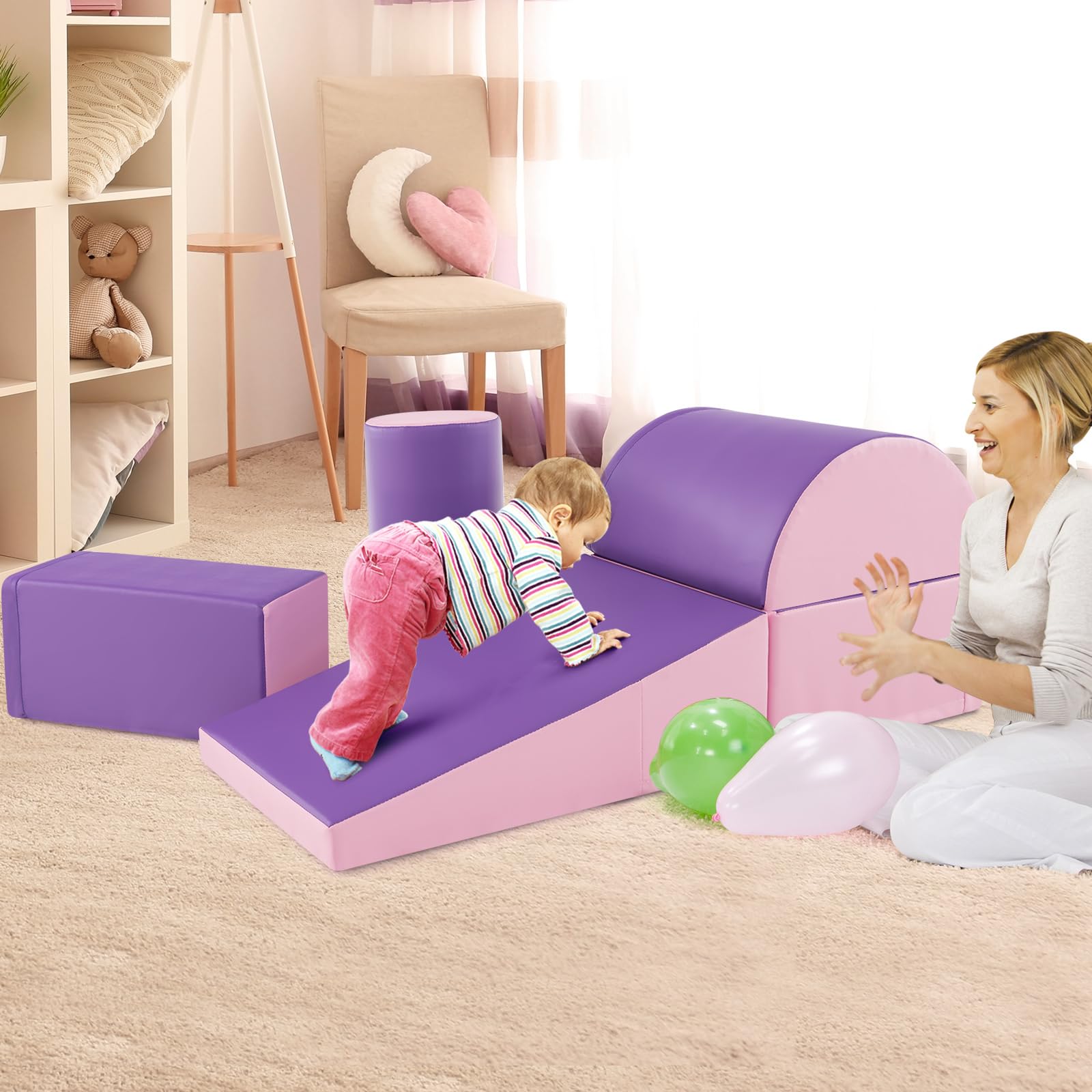 Costzon 5-Piece Soft Foam Climbing Toys for Toddlers & Infants - Waterproof Indoor Play Structures for Child Development, Preschool Baby Climbers (Pink & Purple) - Perfect for Home Playrooms, Daycare Centers & Early Learning Activities