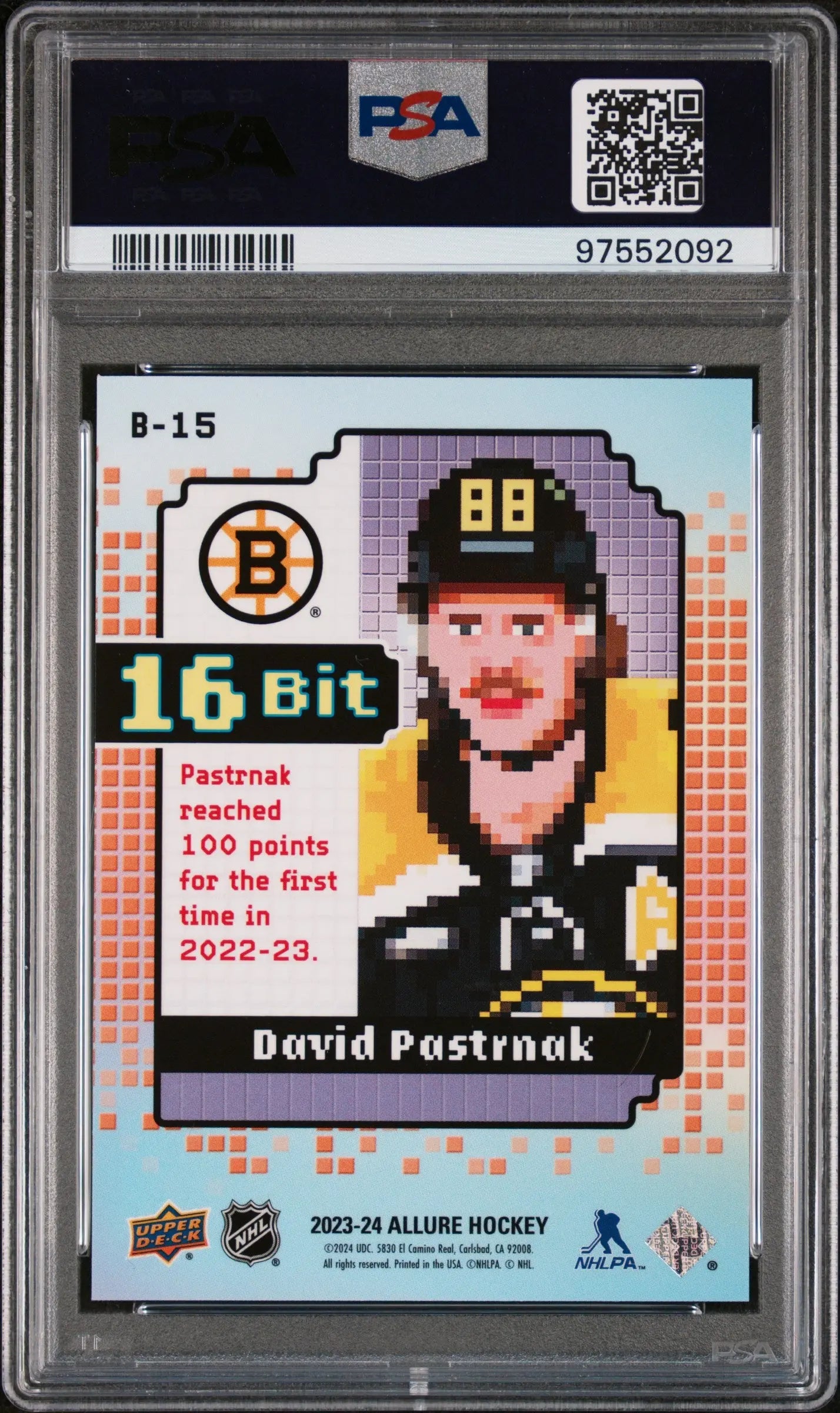 2023 Upper Deck Allure 16 Bit David Pastrnak #B15 PSA 10 Graded Hockey Card - Perfect for Collectors, Sports Memorabilia & NHL Fans Display