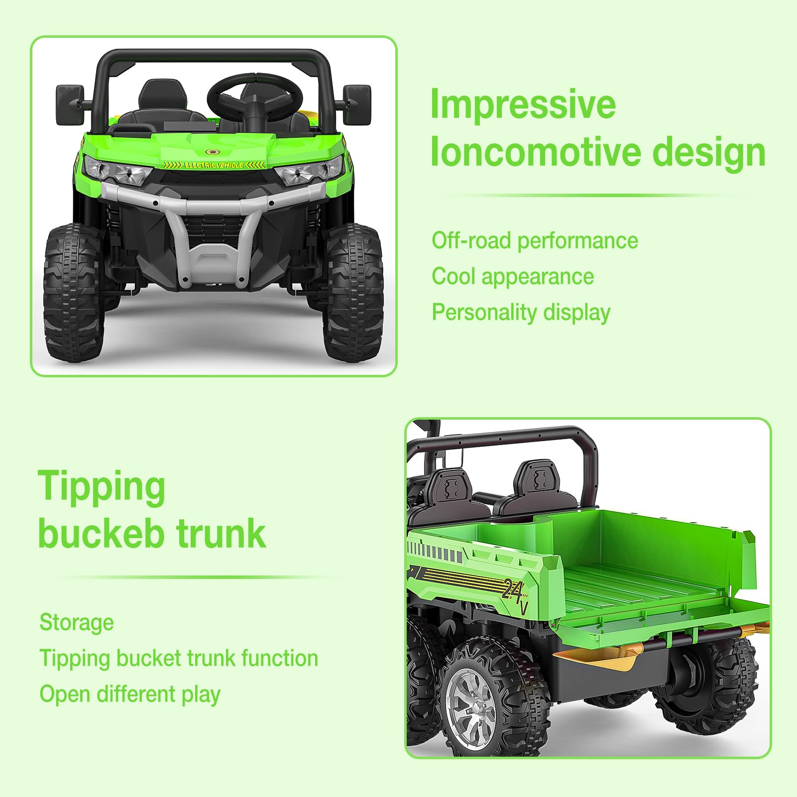 GARVEE 24V Electric Ride-On Dump Truck for Kids - 2 Seater 6-Wheel Remote Control UTV, Battery-Powered Toy Vehicle for Ages 3+ (Green) | Outdoor Play, Backyard Fun & Birthday Gift for Toddlers