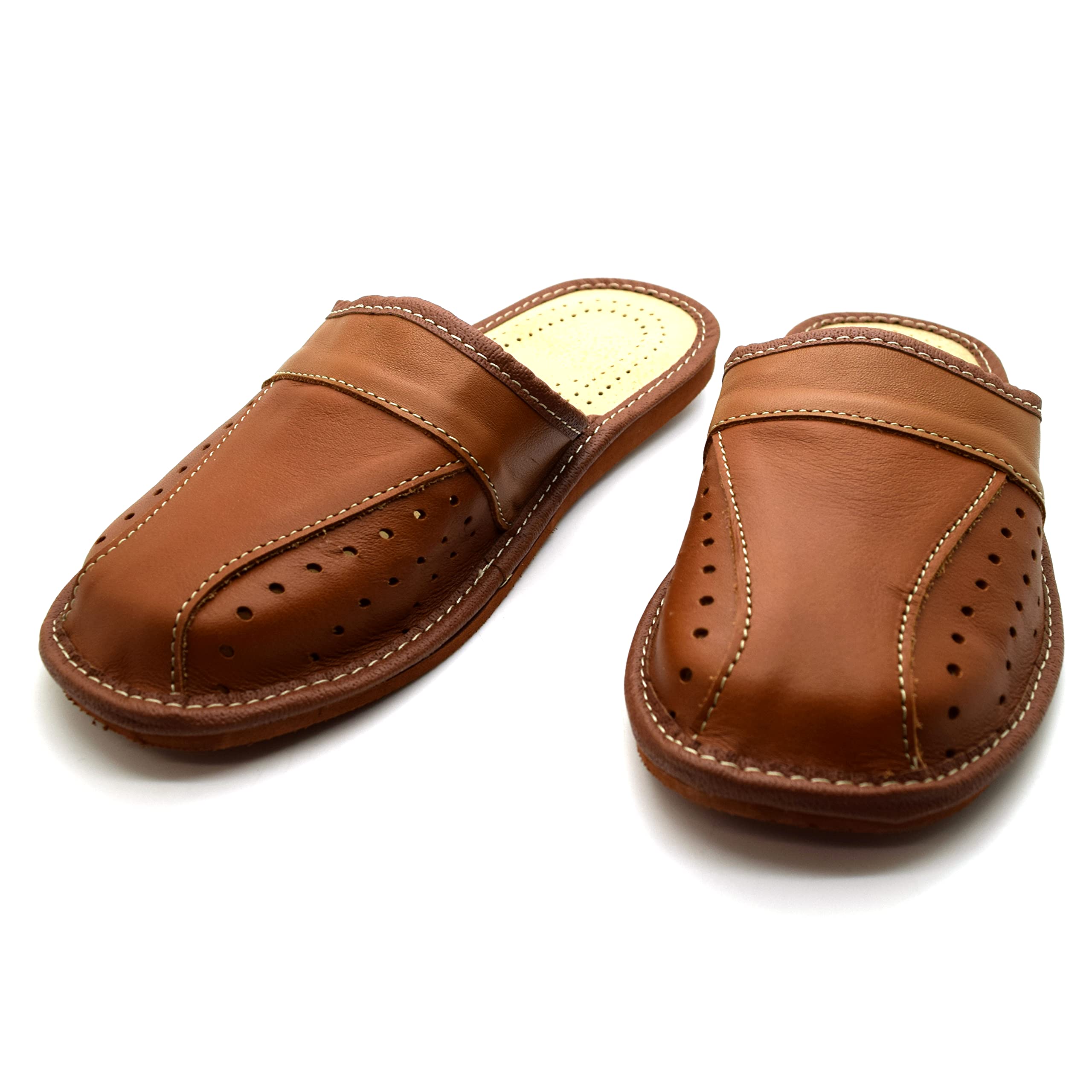 SolaDirect Men's Natural Leather Slippers - Comfortable Closed Toe Slip-On Mules for Indoor & Outdoor Use - Perfect House Shoes, Lounge Sandals for Relaxing at Home or Quick Errands