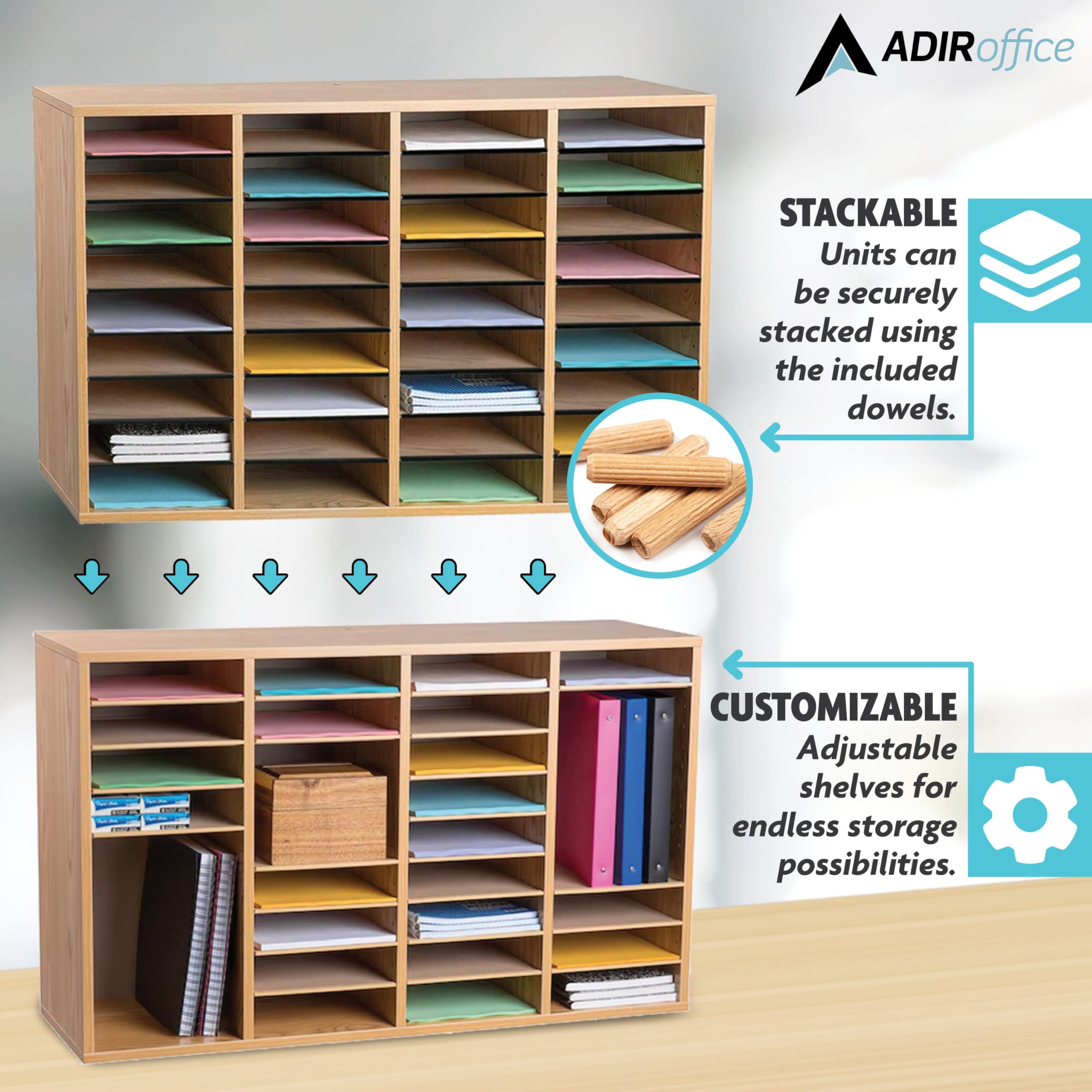 AdirOffice Wooden Adjustable Literature Organizer - 36 Compartment Office Mailbox for Classroom & Home Organization - Medium Oak Finish - Perfect for Teachers, Offices & Home Desks
