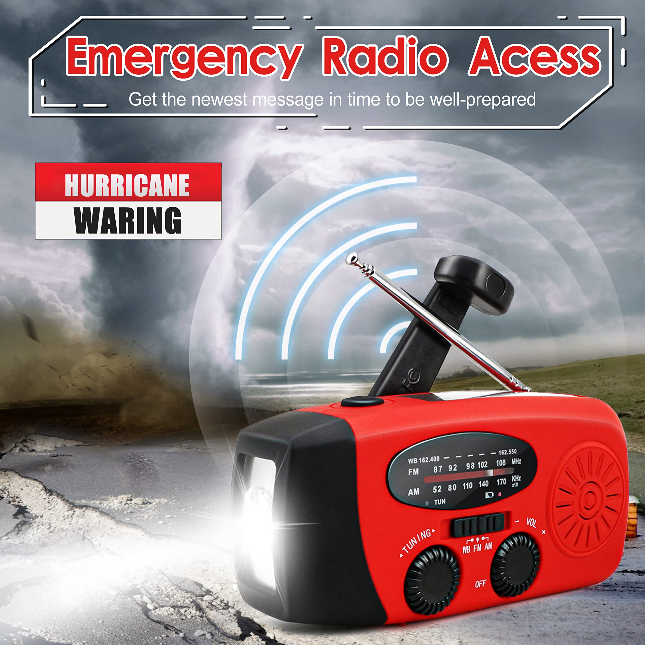 Emergency Hand Crank AM/FM NOAA Weather Radio with LED Flashlight, 2000mAh Power Bank & Solar Charging - Portable Survival Radio for Camping, Hiking, Power Outages and Emergency Preparedness