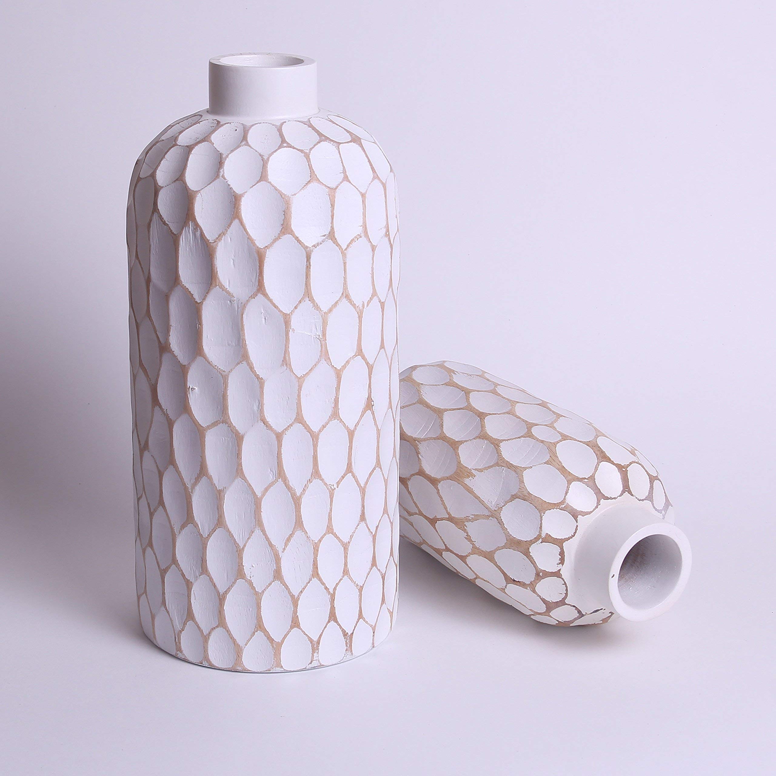 Handmade Modern Mango Wood Minimalist Tabletop Vase - Small White Flower Bottle for Home Decor, Wedding Centerpiece & Office Desk Accessories