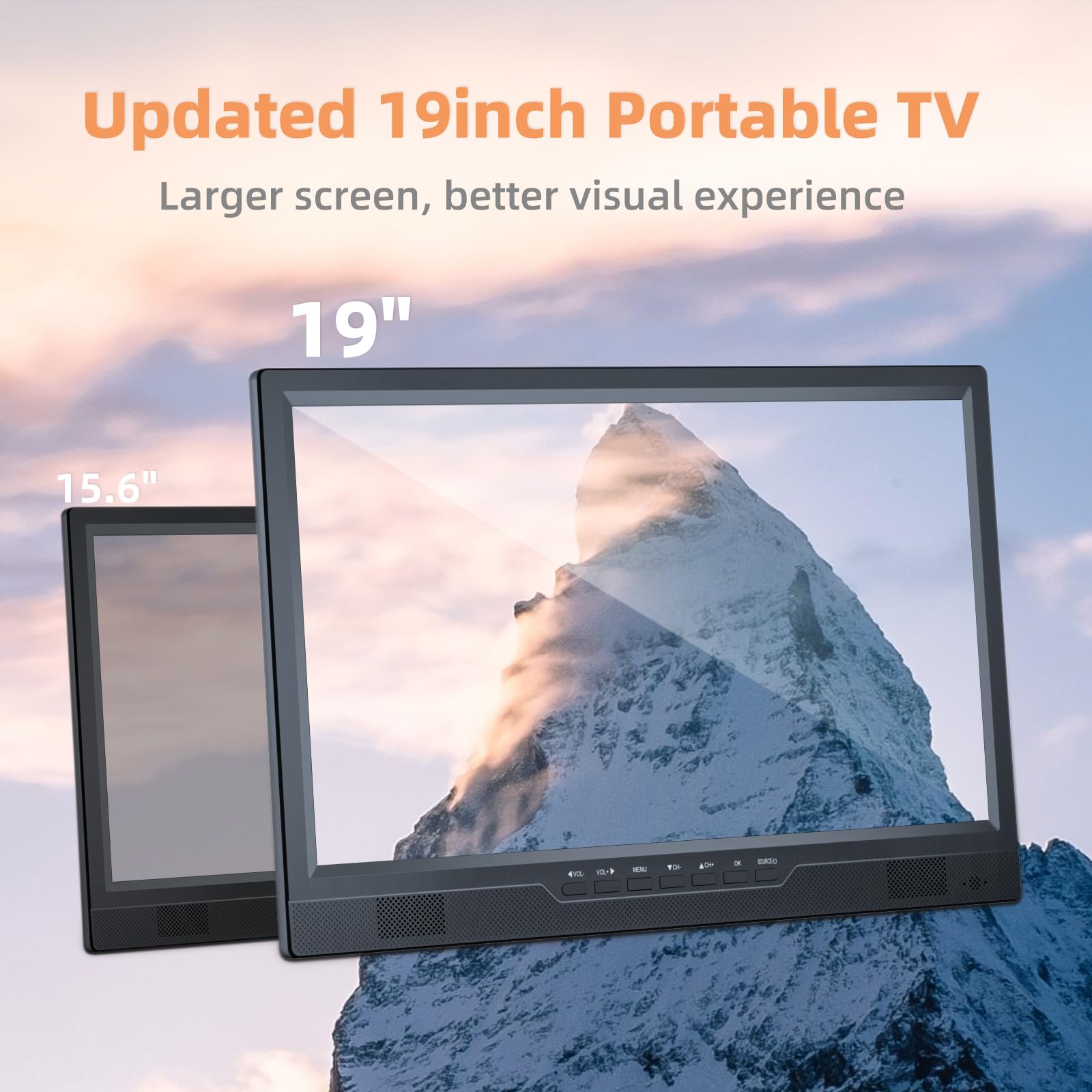 NORTHING 19 Inch Portable LED TV with Antenna - 1080P HD Small Television with HDMI, AV Input & USB Port - Built-in Stand Compact Monitor for Kitchen, Bedroom, RV, Camping (No Button/Coin Battery Required)