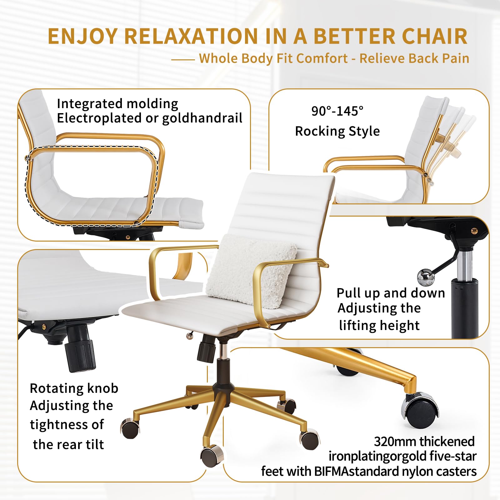 Ergonomic Computer Chair with Adjustable Swivel - White & Gold Office Desk Chair for Home & Work - Comfortable Support for Long Hours - Perfect for Gaming, Remote Work & Study Sessions