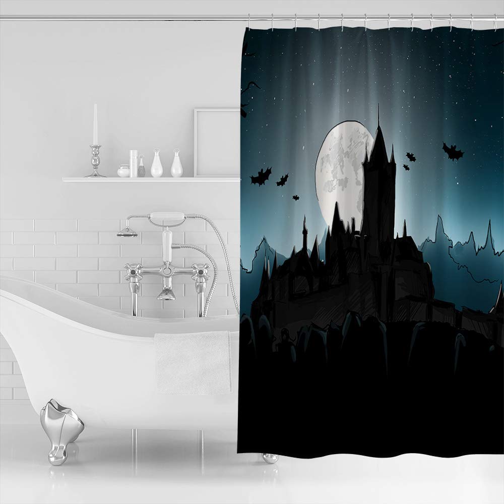 Waterproof Halloween Shower Curtain - Horror Castle Moon Night Design for Bathroom & Bathtub - 72x78 Inch Shower Curtain Set with Hooks - Perfect for Spooky Home Decor & Halloween Party Decorations
