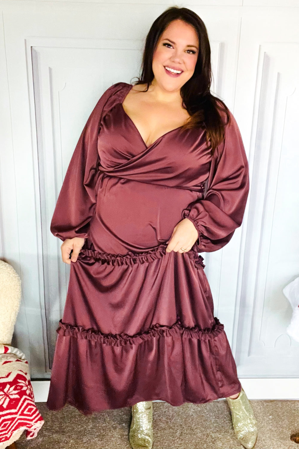 Holiday Vibes Wine Satin Front Overlap Smocked Back Maxi Dress for Women - Elegant Party Gown for Christmas, New Year & Special Occasions