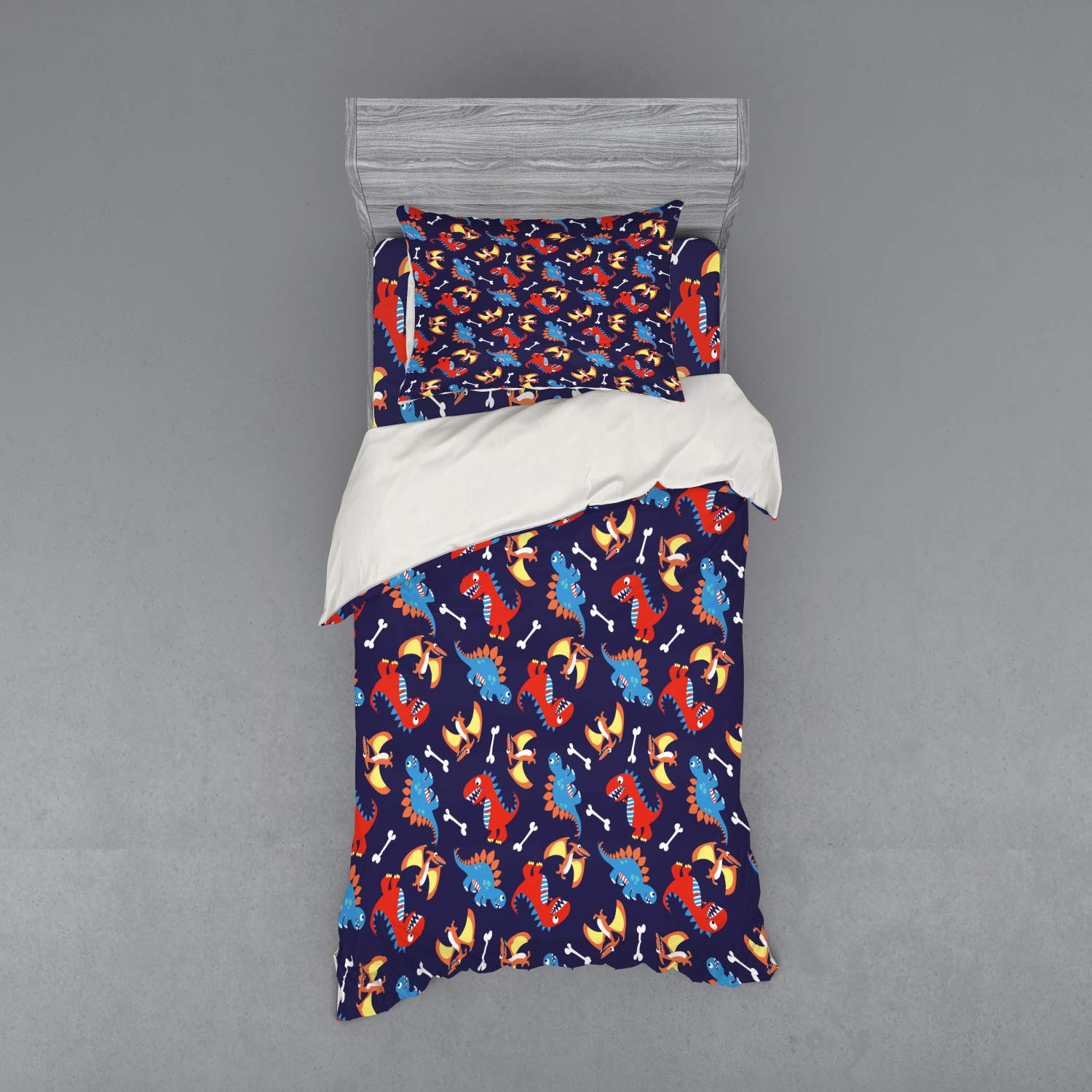 Ambesonne Dinosaur Duvet Cover Set - 3 Piece Twin XL Bedding with Sham & Fitted Sheet | Cartoon Dinosaur Print with Funny Expressions & Bones Design in Navy Blue, Orange & Red | Perfect for Kids' Room, Dinosaur Themed Bedroom & Gift for Dinosaur Lovers