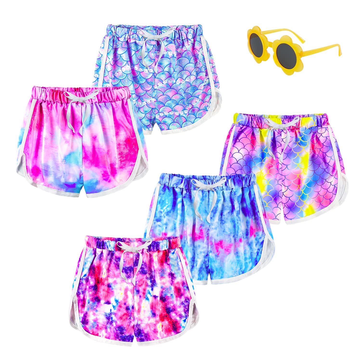 Slaixiu Girls 5-Pack Athletic Shorts - Breathable Workout Running Shorts with Dolphin Print for Kids Ages 5-16 - Perfect for Gym, Yoga, Sports & Summer Play