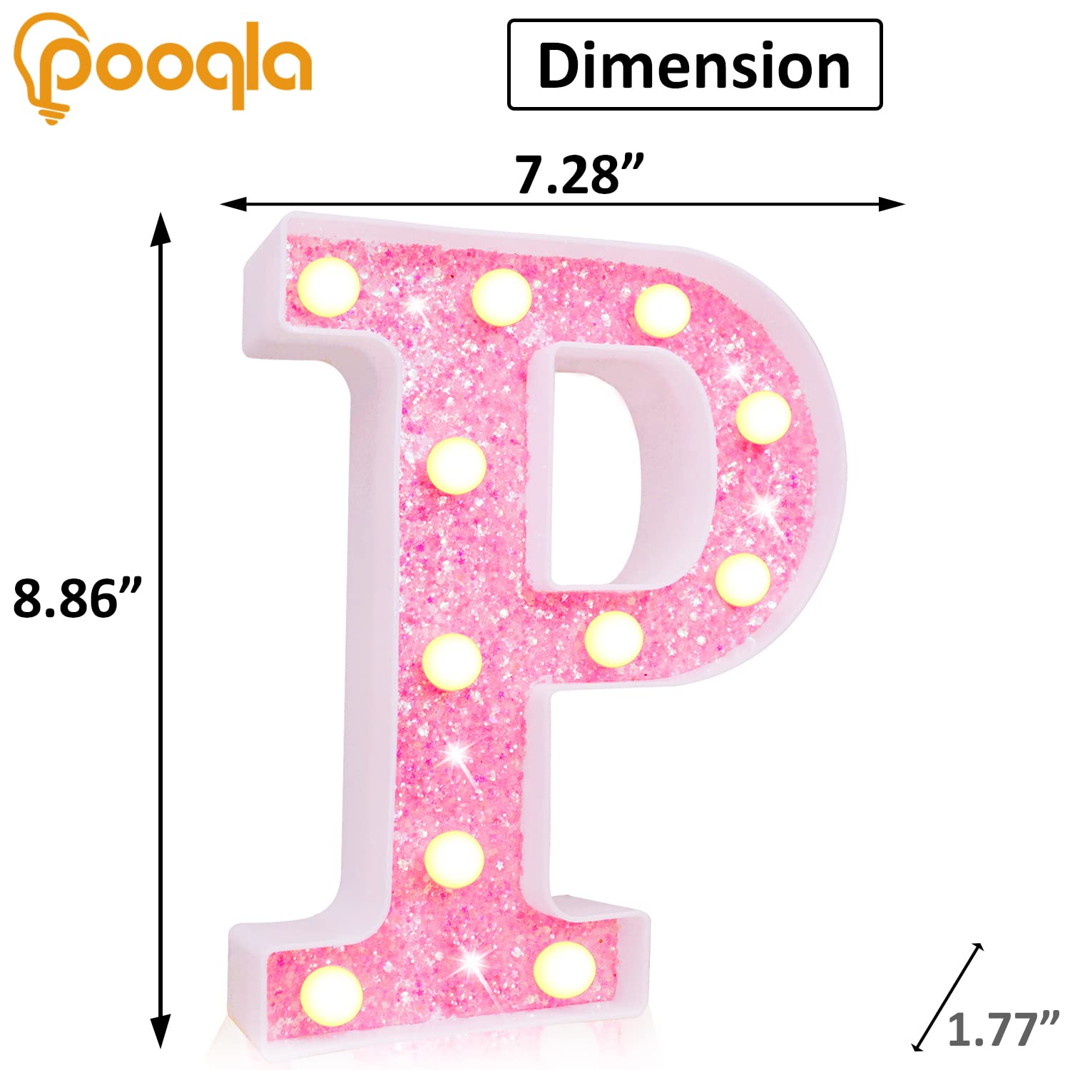 Pooqla LED Marquee Letter Lights - Pink Glitter Alphabet Sign with Battery Power for Night Light, Birthday Party, Wedding, Home Bar & Christmas Decor - Perfect for Girls' Gifts & Room Decoration - Letter P