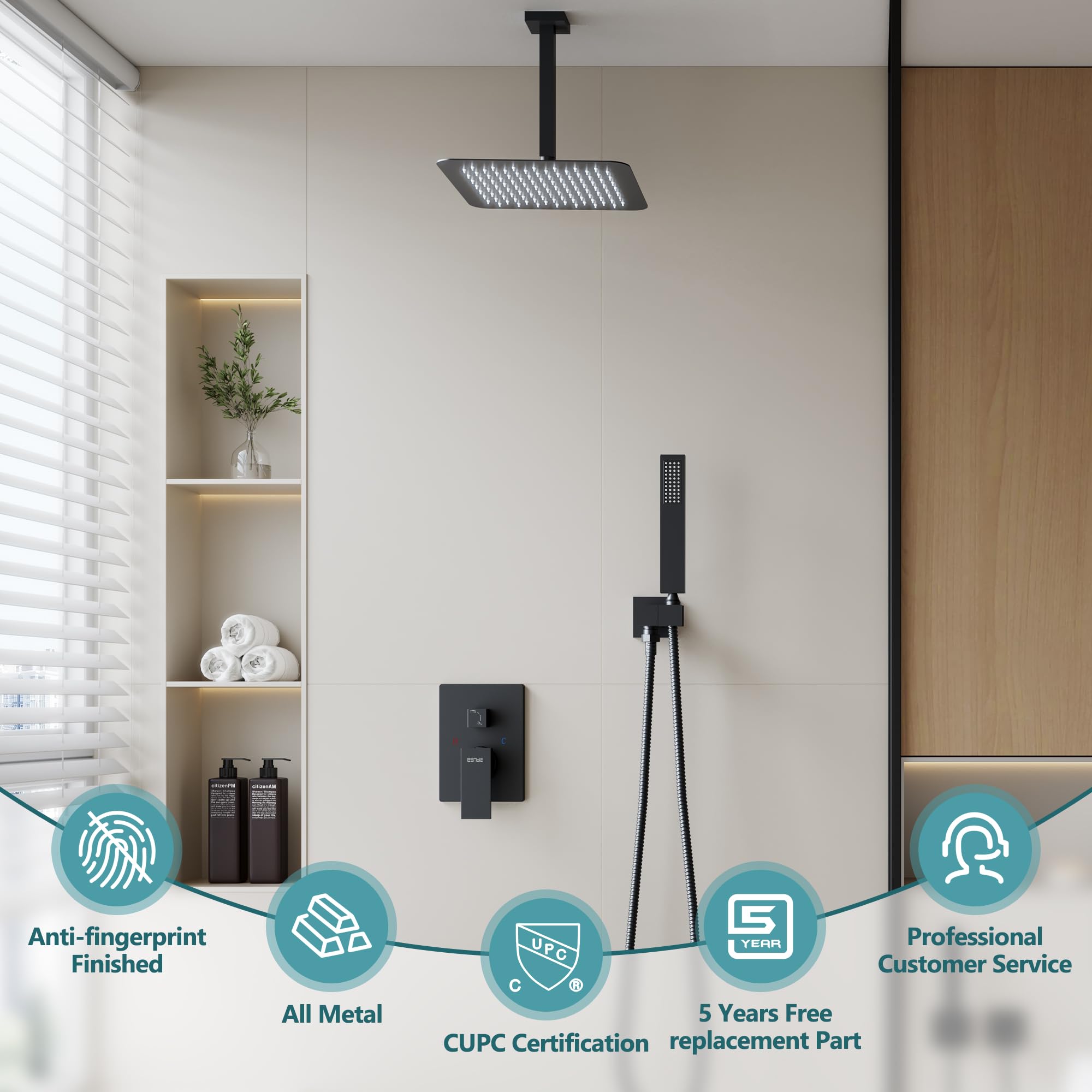 ESNBIA 12 Inch Rain Shower System - Matte Black Dual Shower Head Combo with Handheld, High Pressure Ceiling Mounted Bathroom Faucet Set (Includes Valve & Trim) - Perfect for Luxurious Spa-Like Showers and Modern Bathroom Upgrades