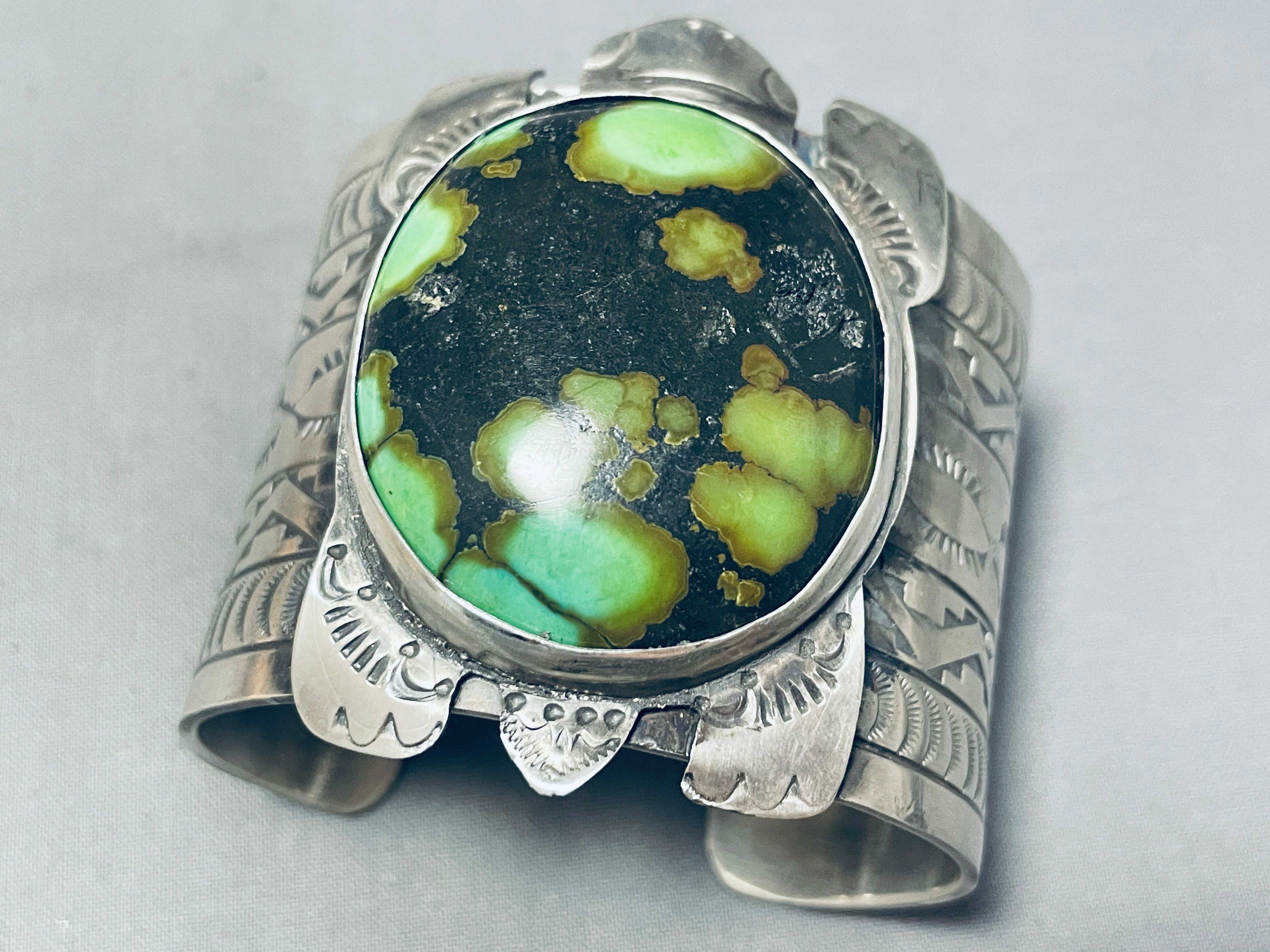 Authentic Navajo Sterling Silver Green Turtle Bracelet - 149g Handmade Native American Jewelry for Women, Perfect for Boho Fashion & Spiritual Gifts