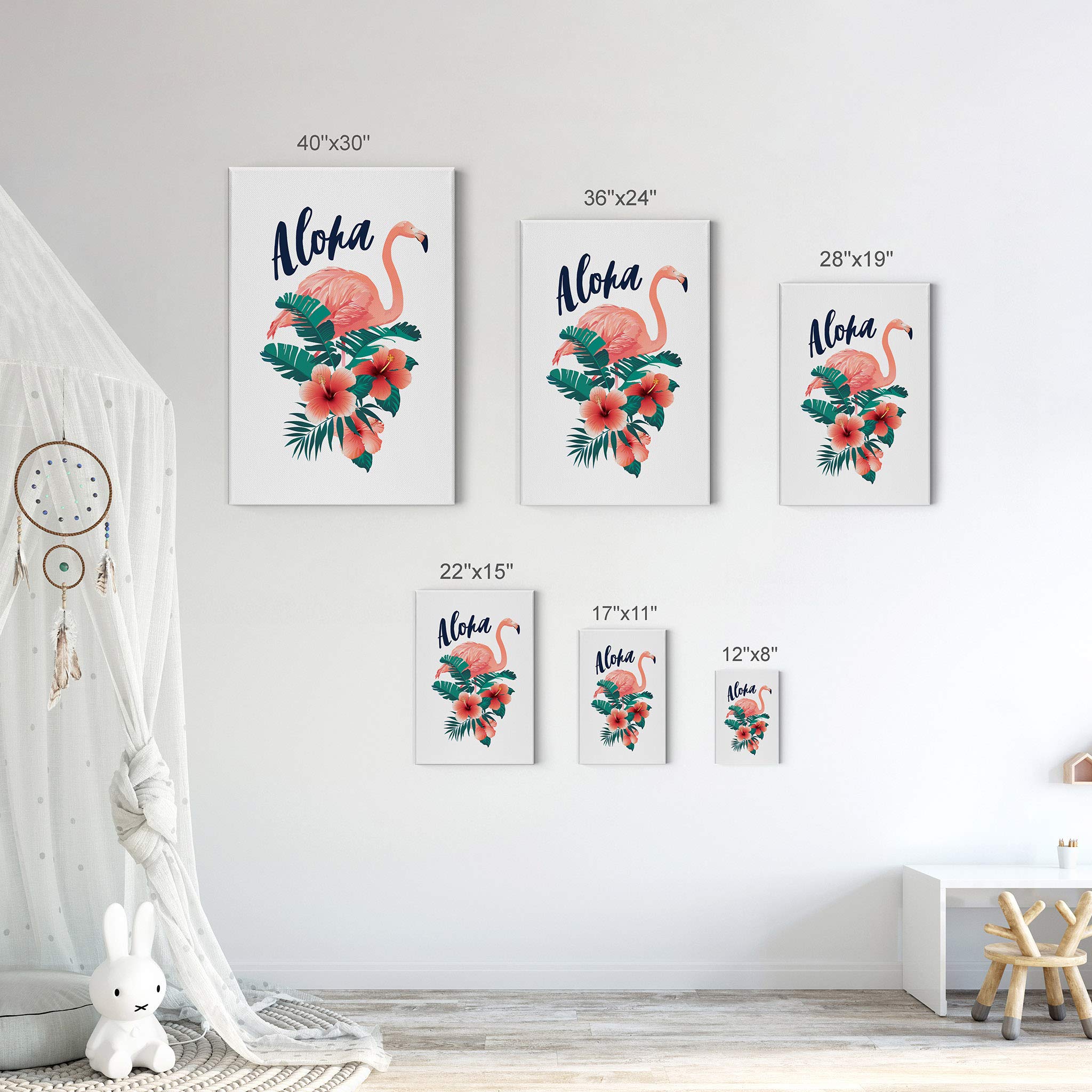 Aloha Flamingo Canvas Wall Art Set - 2 Panel Tropical Flamingo Prints for Kids Room, Nursery & Baby Room Decor - Ready to Hang Made in USA (28x19 Inches Each) - Perfect for Beach Themed Bedrooms & Hawaiian Style Home Decor