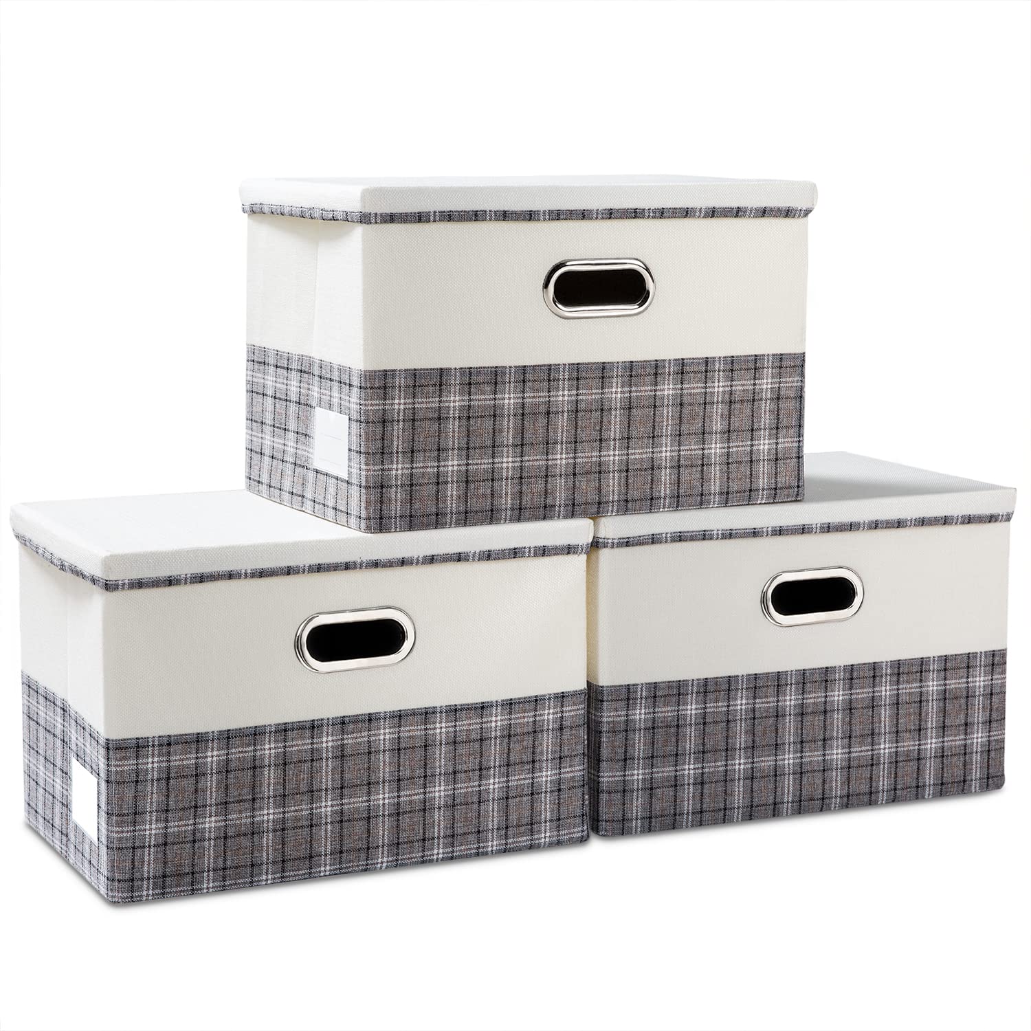 PRANDOM Large Collapsible Storage Bins with Lids [3-Pack] - Foldable Fabric Storage Boxes Organizer for Home, Bedroom, Closet & Office - Space Saving Gray Plaid & Cream Baskets (17.7x11.8x11.8 Inches) - Perfect for Organizing Clothes, Toys, Blankets & Seasonal Items