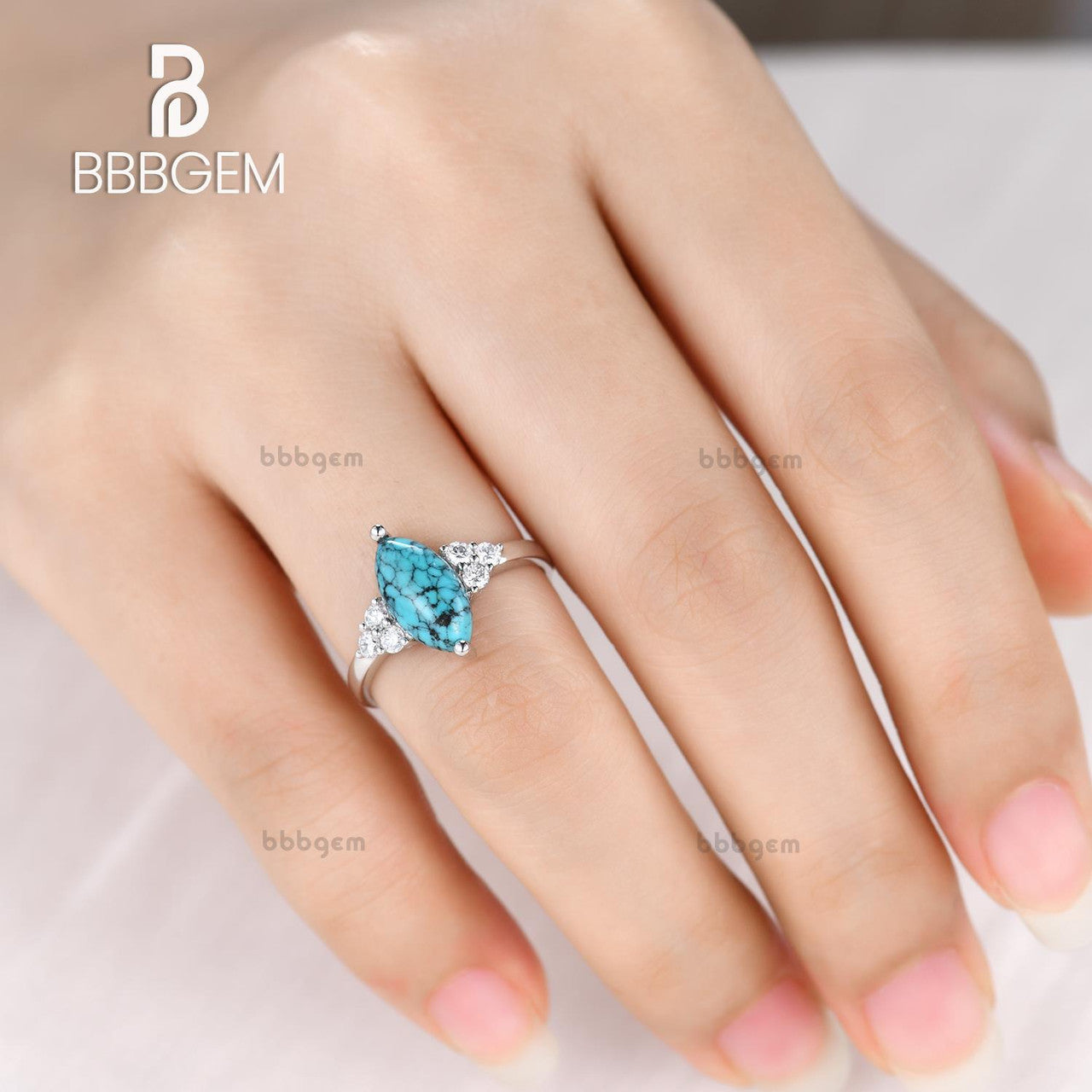 Marquise Turquoise Engagement Ring with Three Diamond Side Stones in 14k Gold Band - Perfect for Proposals, Weddings & Anniversary Gifts