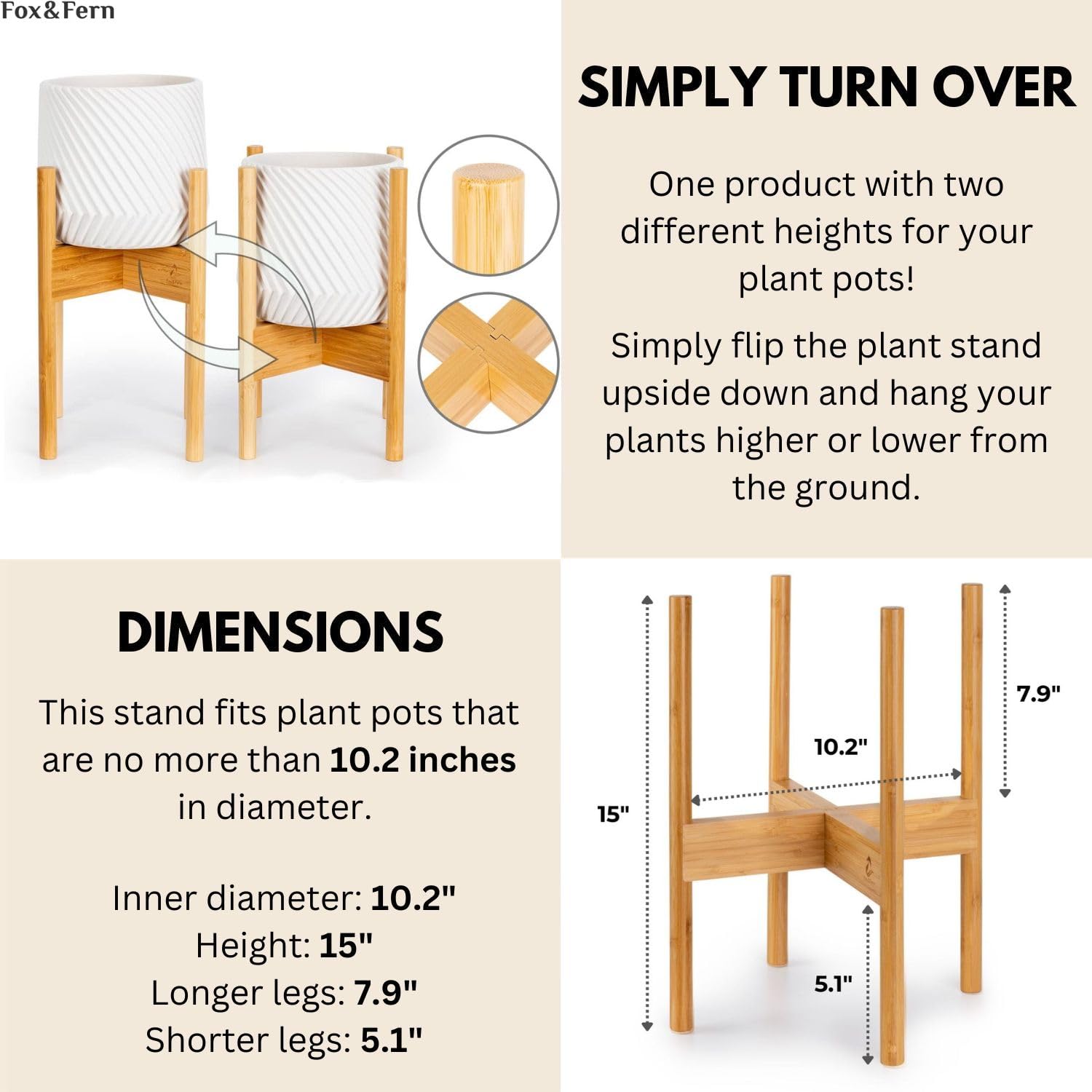 Fox & Fern 10 Inch Bamboo Plant Stand – Mid Century Modern Indoor Planter Holder with Plug-In Design & Two Height Options – Perfect for Living Room, Bedroom, or Office Decor