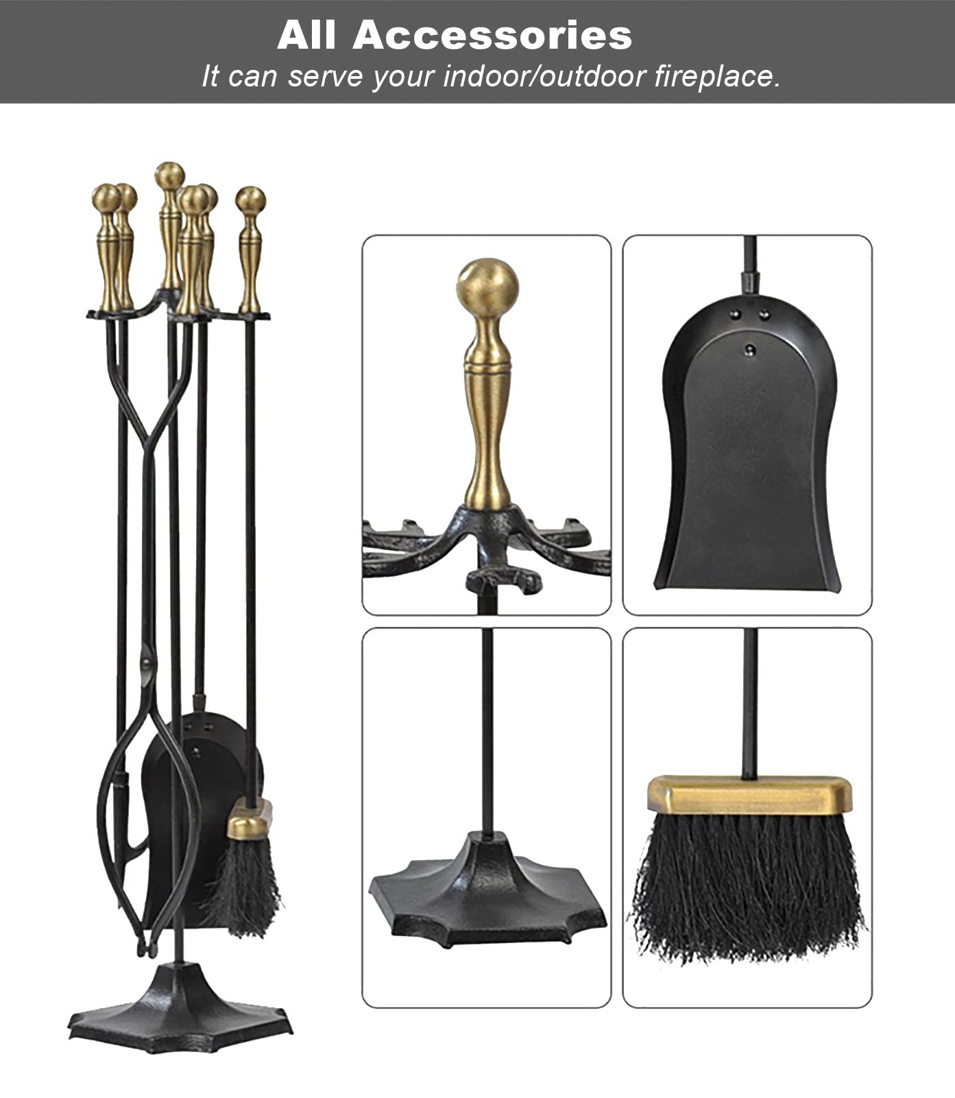 AVIISO 5-Piece Black Rustic Fireplace Tool Set - Cast Iron Fireplace Accessories with Stand, Poker, Shovel, Brush & Tongs for Wood Stove, Fire Pit & Chimney - Perfect for Indoor/Outdoor Fireplace Maintenance & Decoration