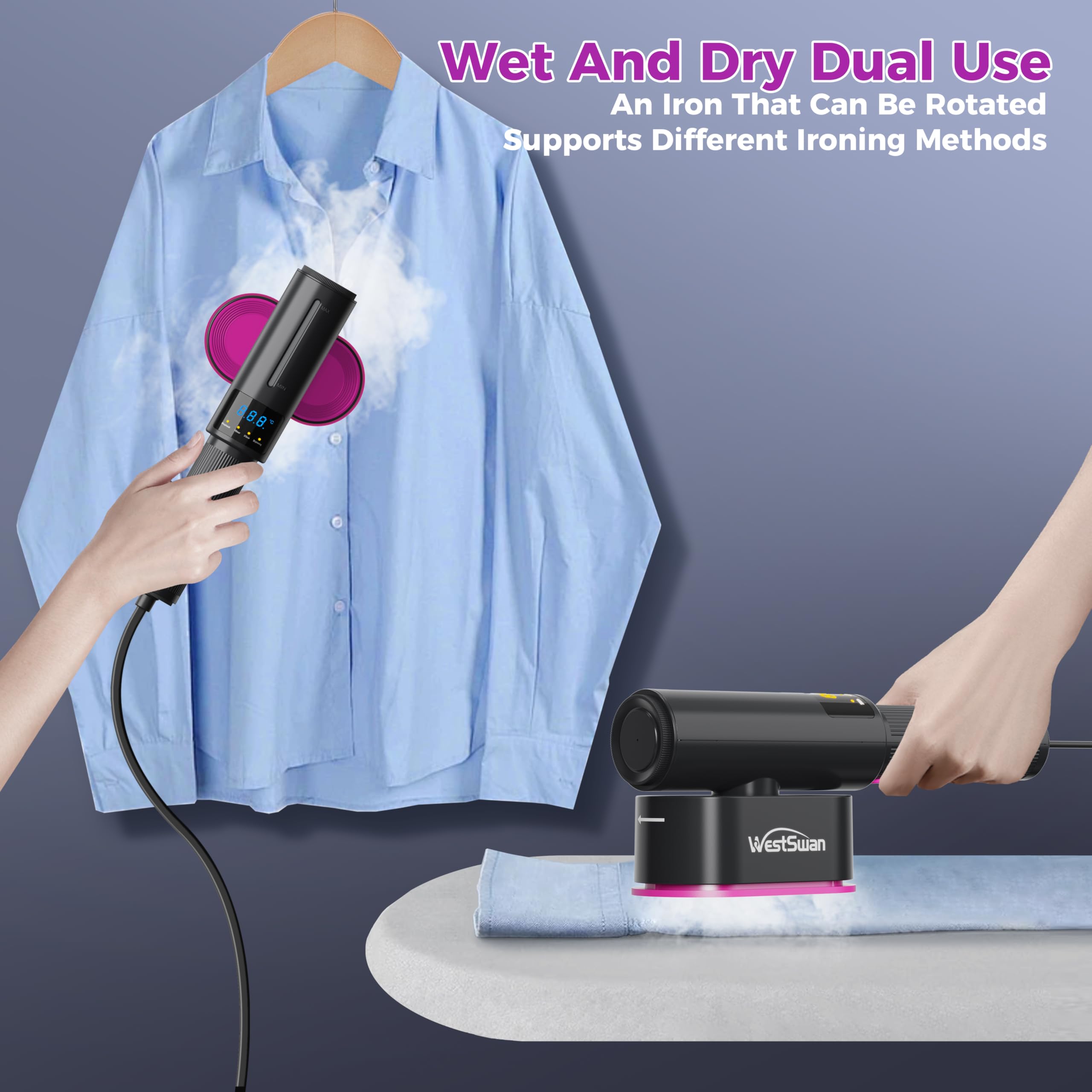 Portable Black Travel Steamer for Clothes - Dual Function Garment Steamer with Rotatable Ironing Surface | Wet Steam & Dry Ironing | Perfect for Home, Hotel & Business Trips | Wrinkle-Free Clothes Anywhere