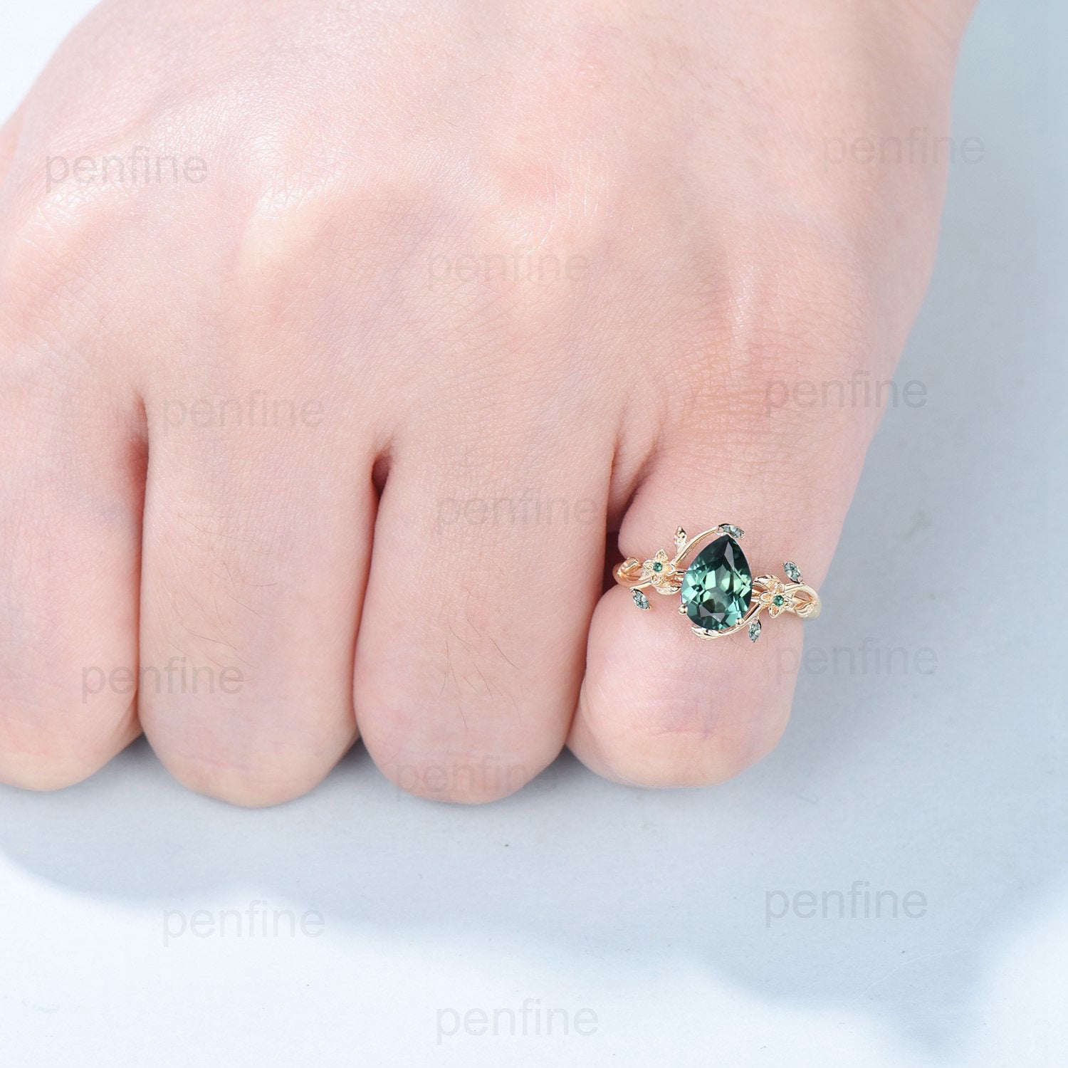 Elegant Pear Green Sapphire Ring – Nature Inspired Teal Sapphire Engagement Ring with Flower Green Agate – Wedding Ring Emerald Branch Leaf Vine Design – Perfect for Engagement, Anniversary & Special Occasions