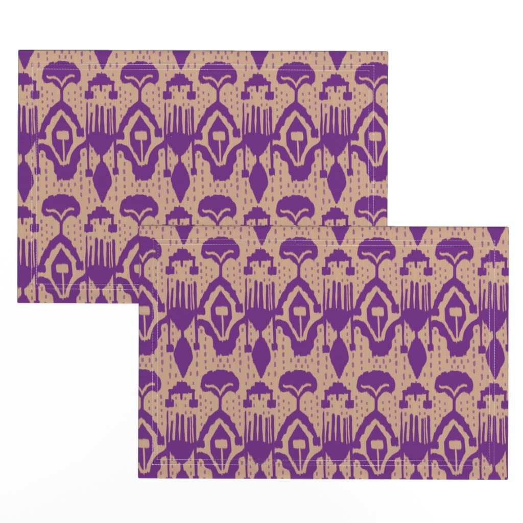 Spoonflower Linen Cotton Canvas Placemats Set of 2 - Ikat Abstract Traditional Classic Midcentury Modern Purple Taupe Print Cloth Table Mats for Dining Room, Kitchen, and Home Decor