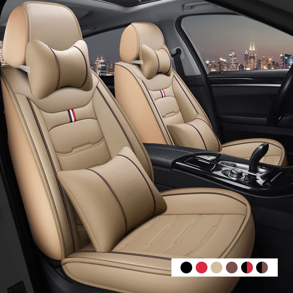 Premium Leather Waterproof Car Seat Covers for Sedan, Truck & SUV - Front Seats Only with Headrest & Back Pillow (Beige) | Durable Auto Interior Accessories for Commuting, Road Trips & Family Protection