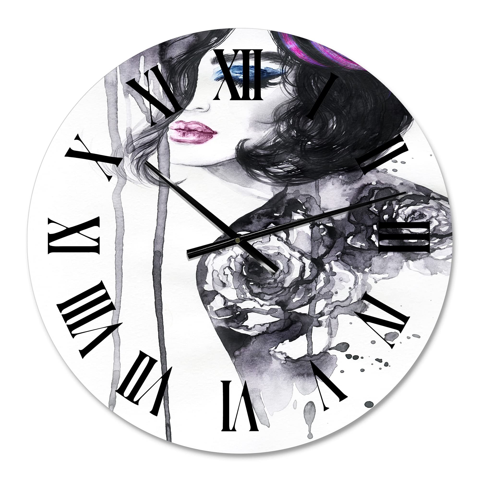DesignQ Modern Large Wall Clock - Elegant Female Portrait Painting for Living Room, Bedroom & Office Decor | Silent Non-Ticking Home Wall Art
