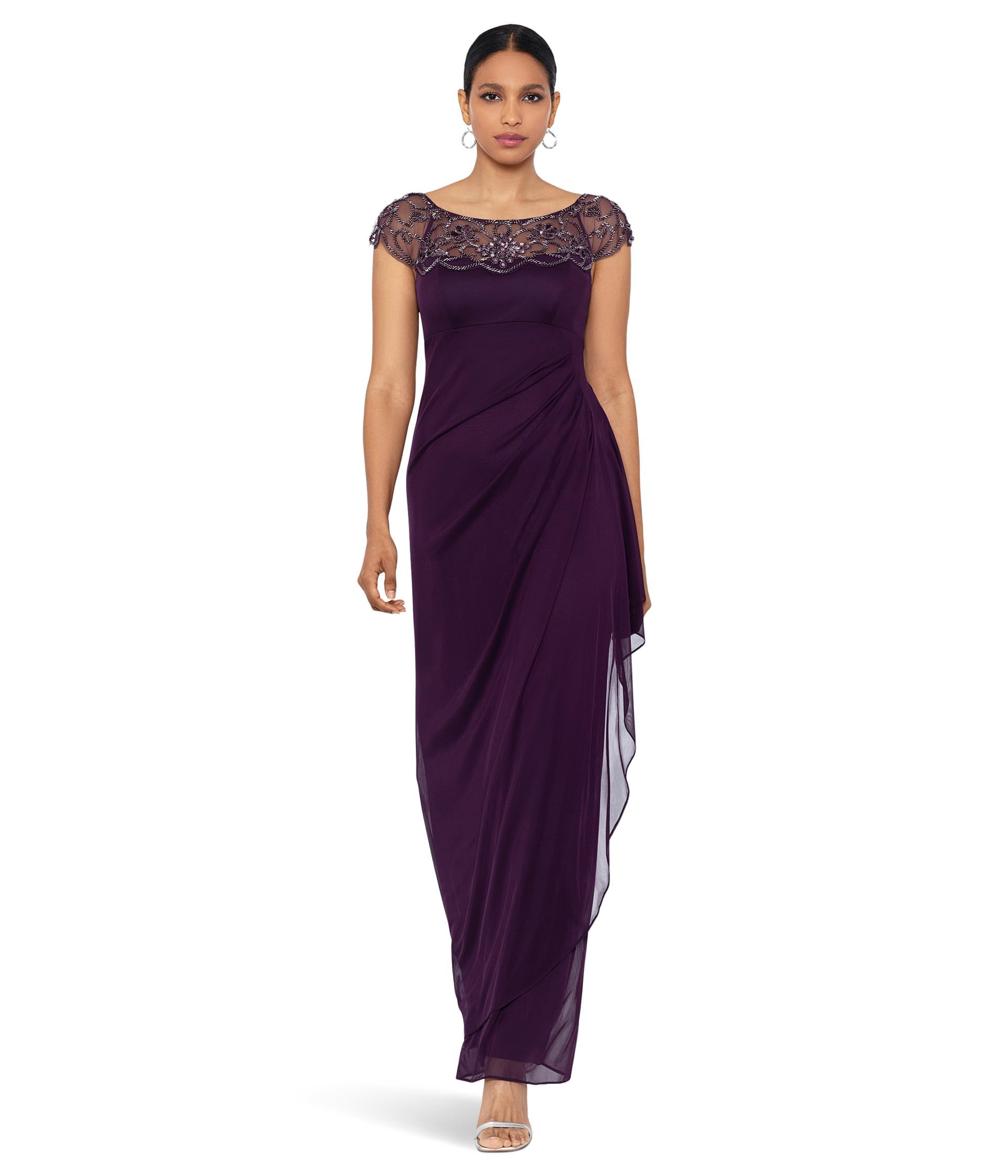 Xscape Women's Long Sheer Matte Jersey Side Rouch Dress with Chunky Bead Details - Elegant Evening Gown for Parties, Weddings & Special Occasions