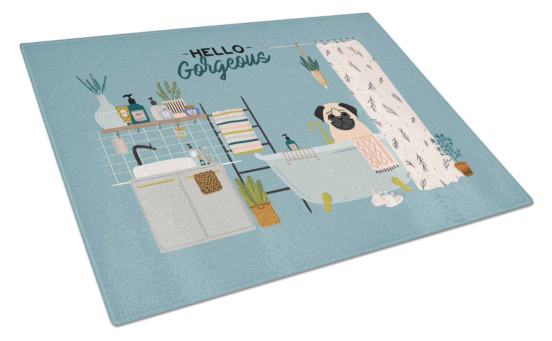 Fawn Pug in Bathtub Tempered Glass Cutting Board - Large Decorative Kitchen Chopping & Serving Board for Cheese, Charcuterie & Entertaining | Caroline's Treasures CK7430LCB