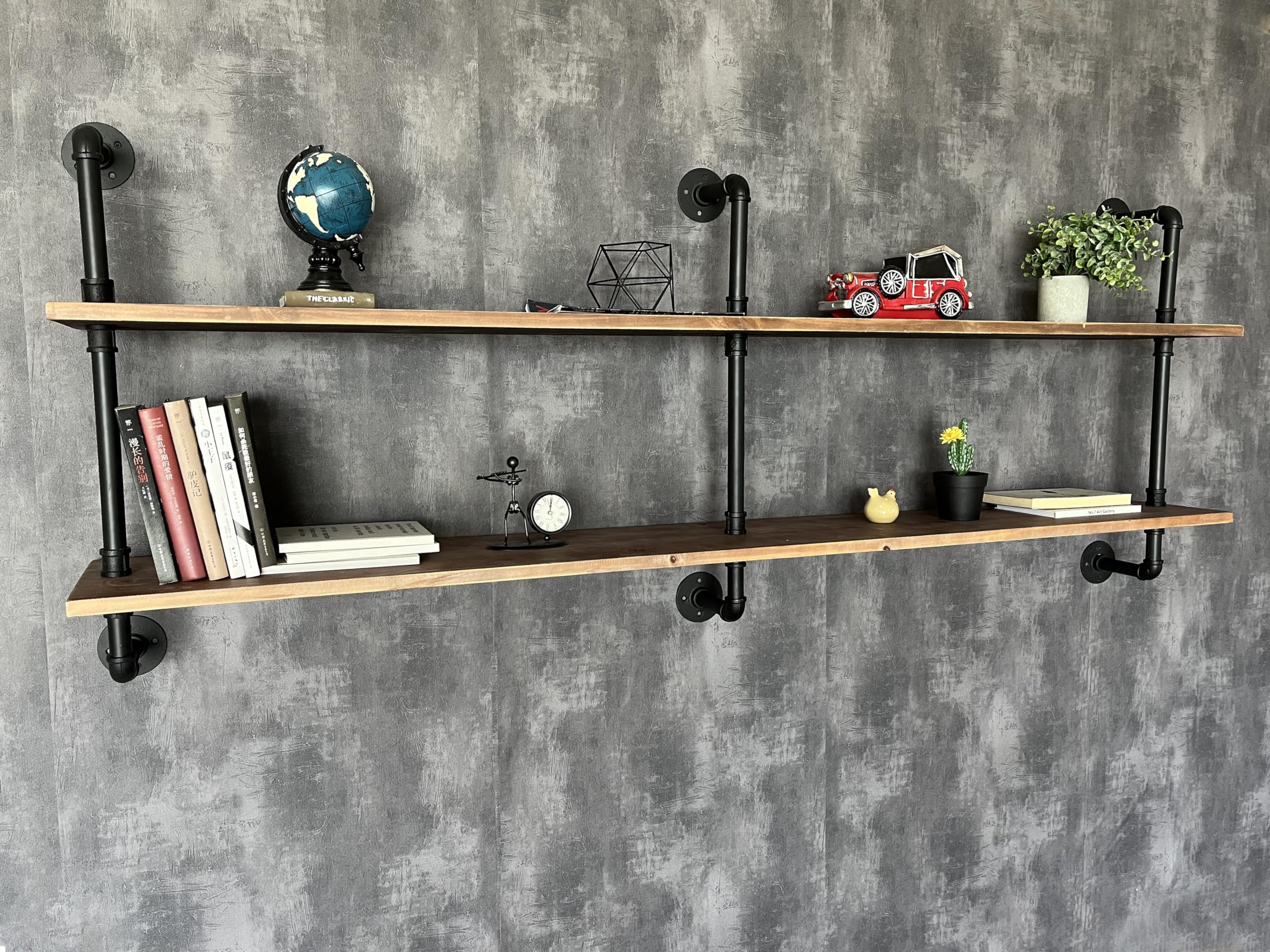 70 Inch Floating Shelves Wall Mounted - Industrial Pipe Bookshelf with Real Wood Planks | Rustic Farmhouse Style for Kitchen, Bar & Living Room Decor