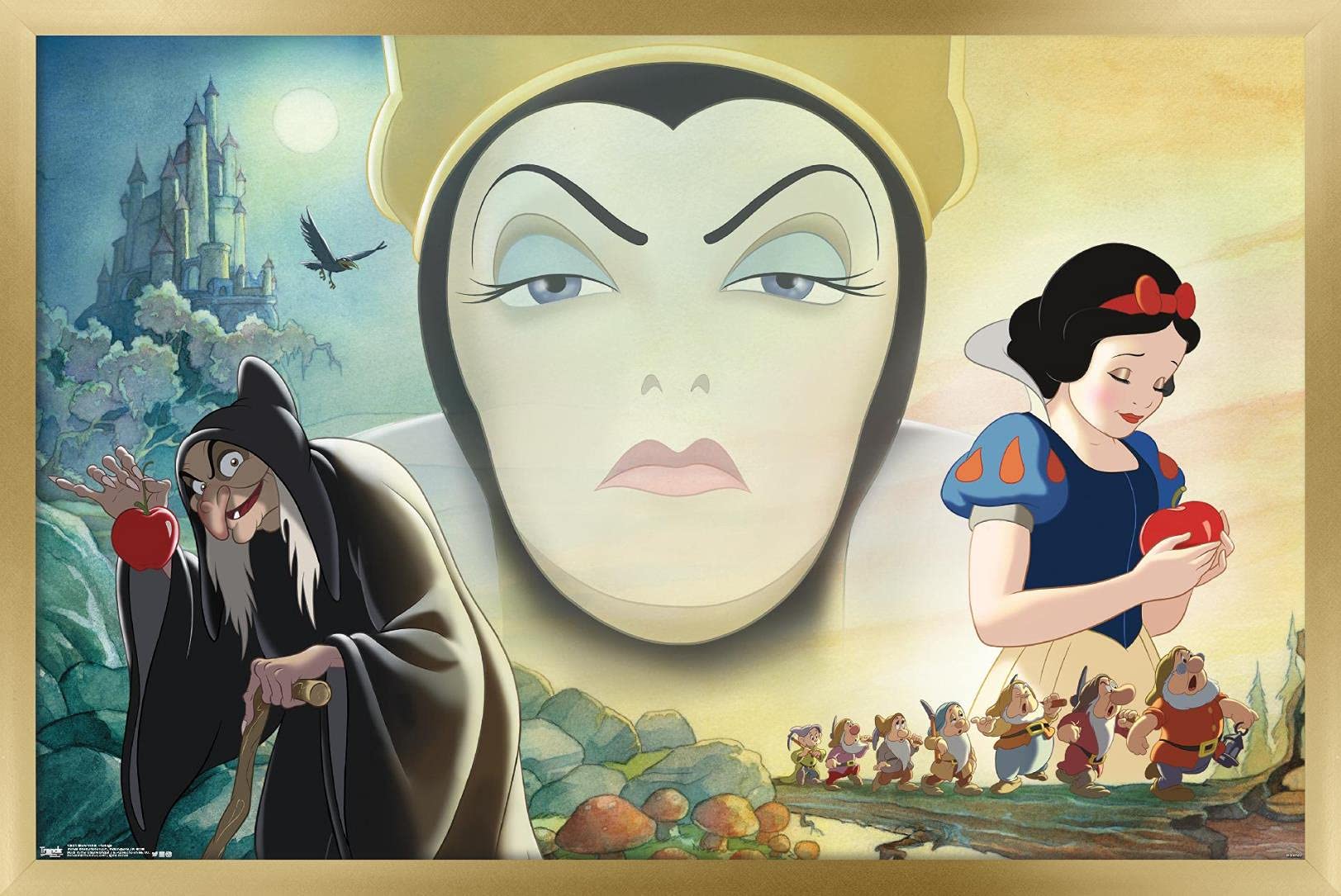 Disney Snow White and the Seven Dwarfs Gold Framed Wall Poster 22.375x34 inches - Vintage Cartoon Movie Art Print for Kids Room Decor, Nursery, Classroom & Disney Fan Collection