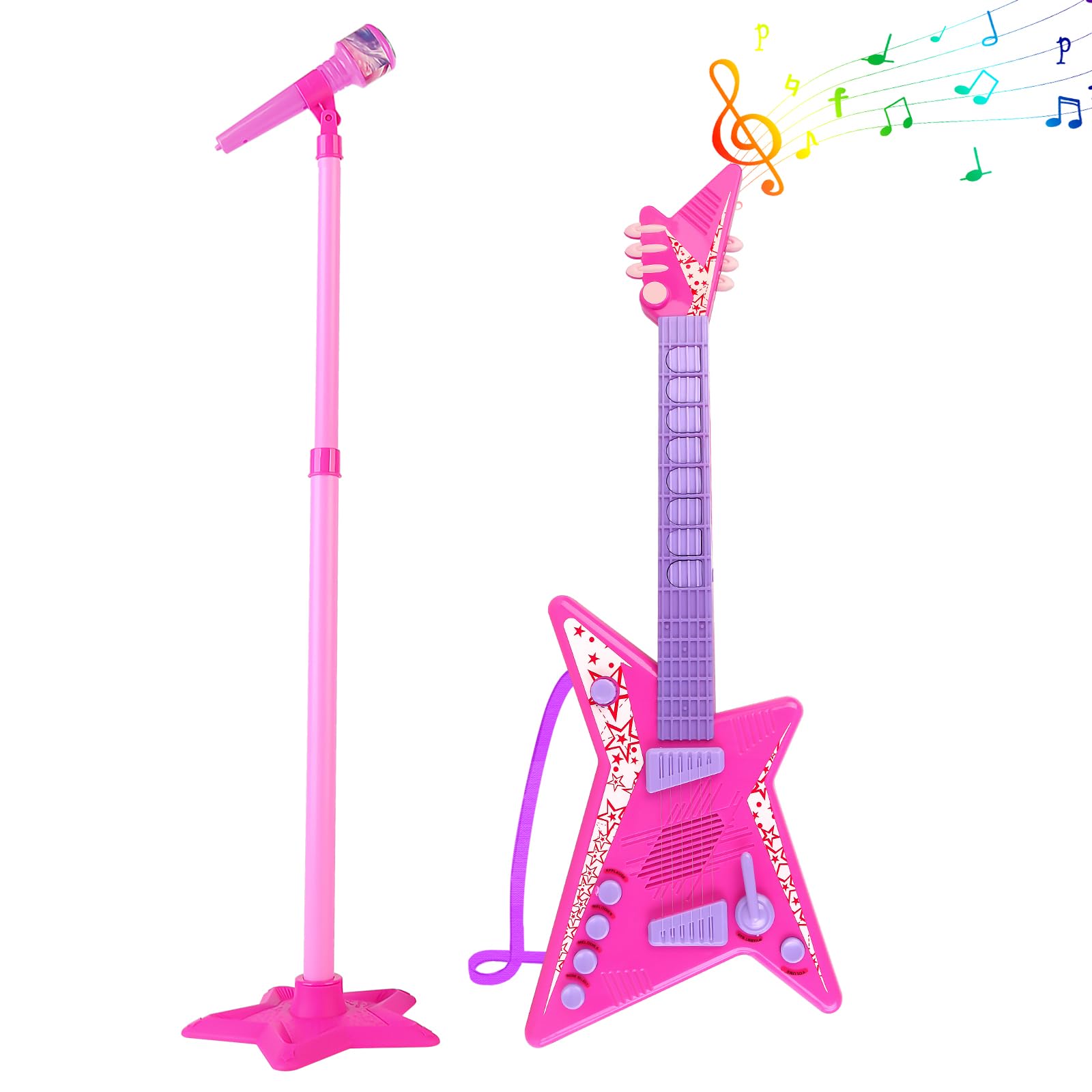 deAO Kids Guitar and Microphone Set - Adjustable Height Musical Toy with Colorful Lights & Stand | Perfect for Birthday Gifts, Karaoke Singing, and Early Music Education for Boys & Girls