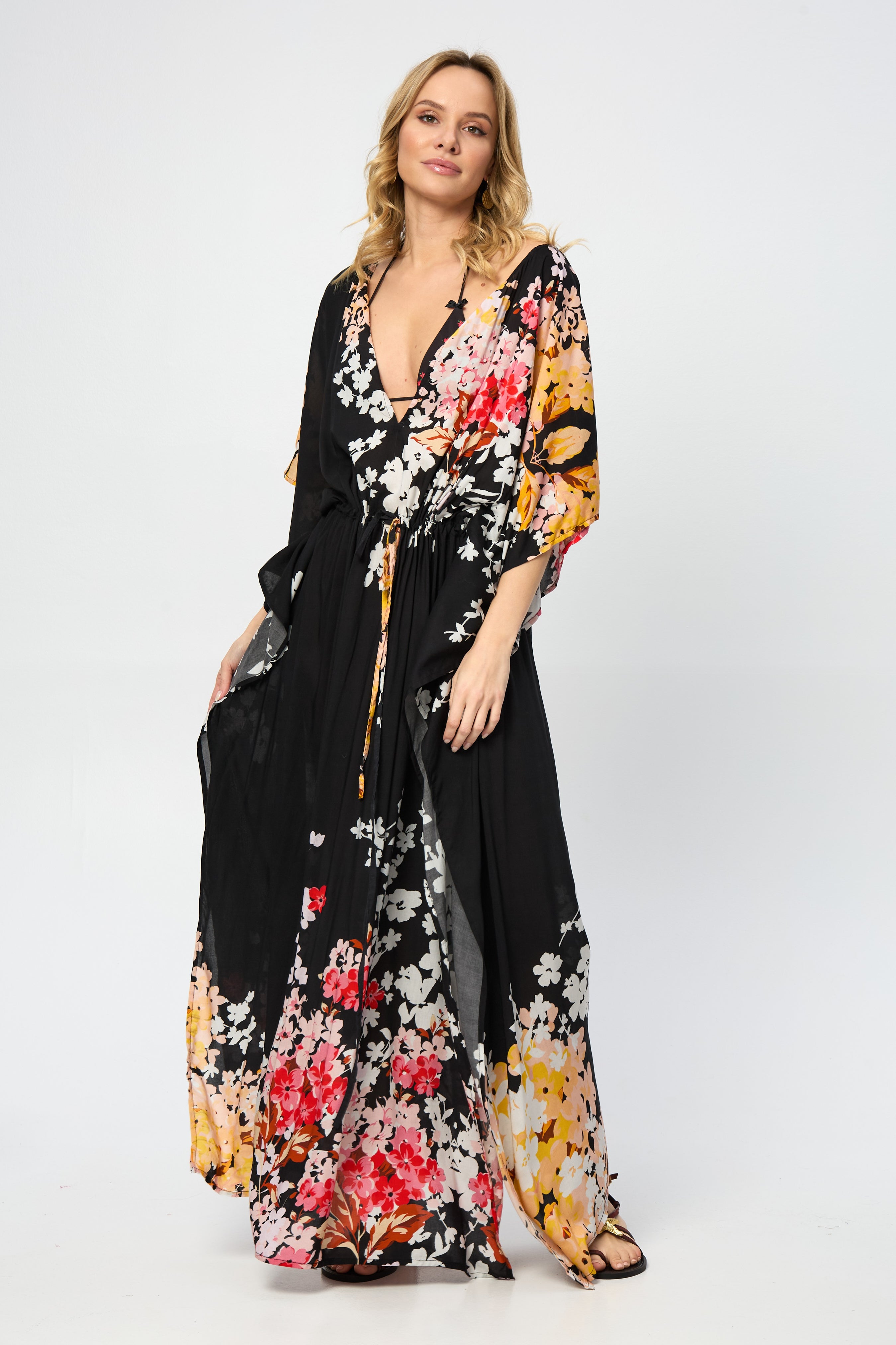 Stylish Multicolored Fiore Tie Waist Keyhole Kaftan Dress - Perfect for Beach Vacation, Summer Outings & Boho Chic Fashion