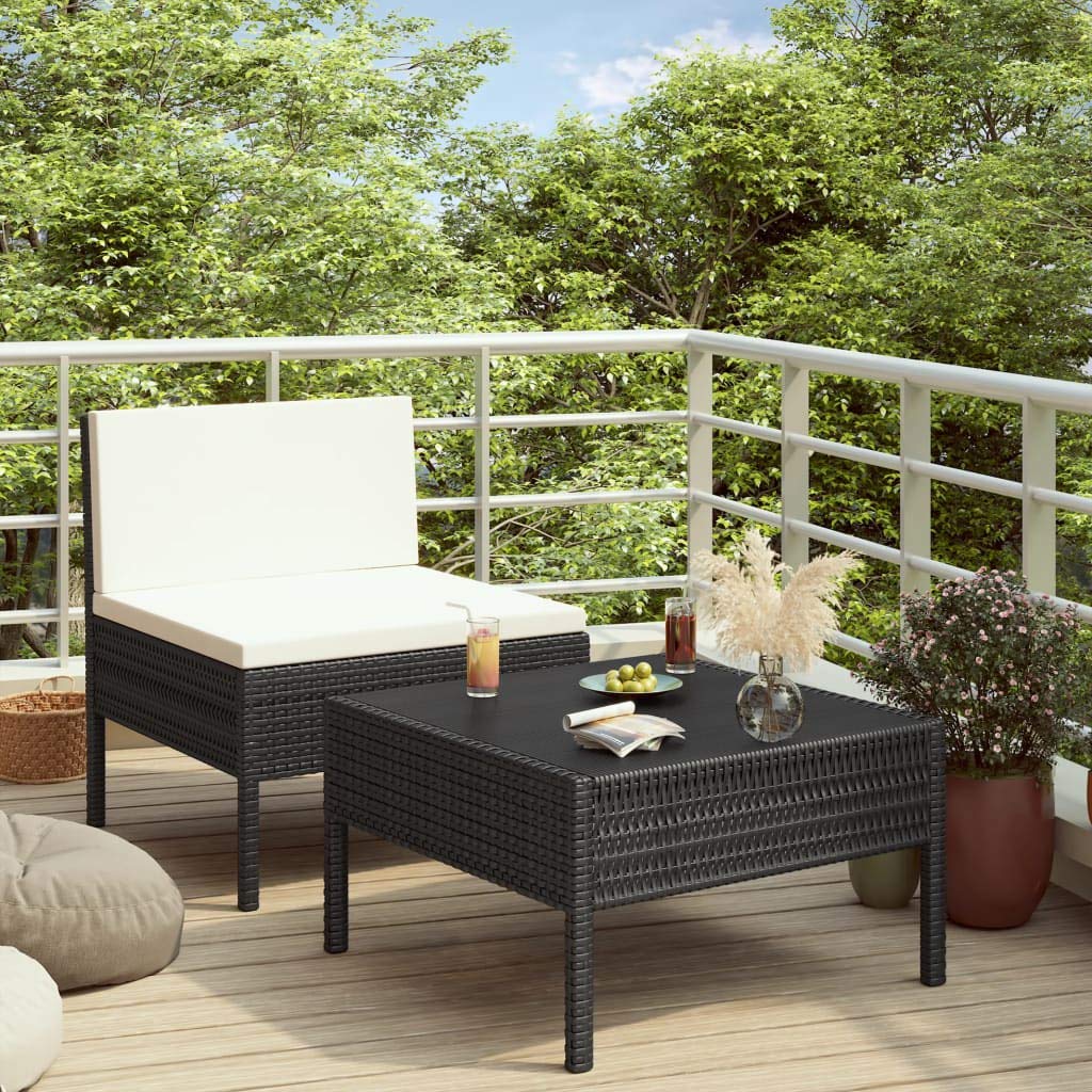 2-Piece Black Poly Rattan Garden Lounge Set with Cushions - Outdoor Patio Furniture Sectional Sofa & Coffee Table - Perfect for Backyard, Poolside or Deck Relaxation