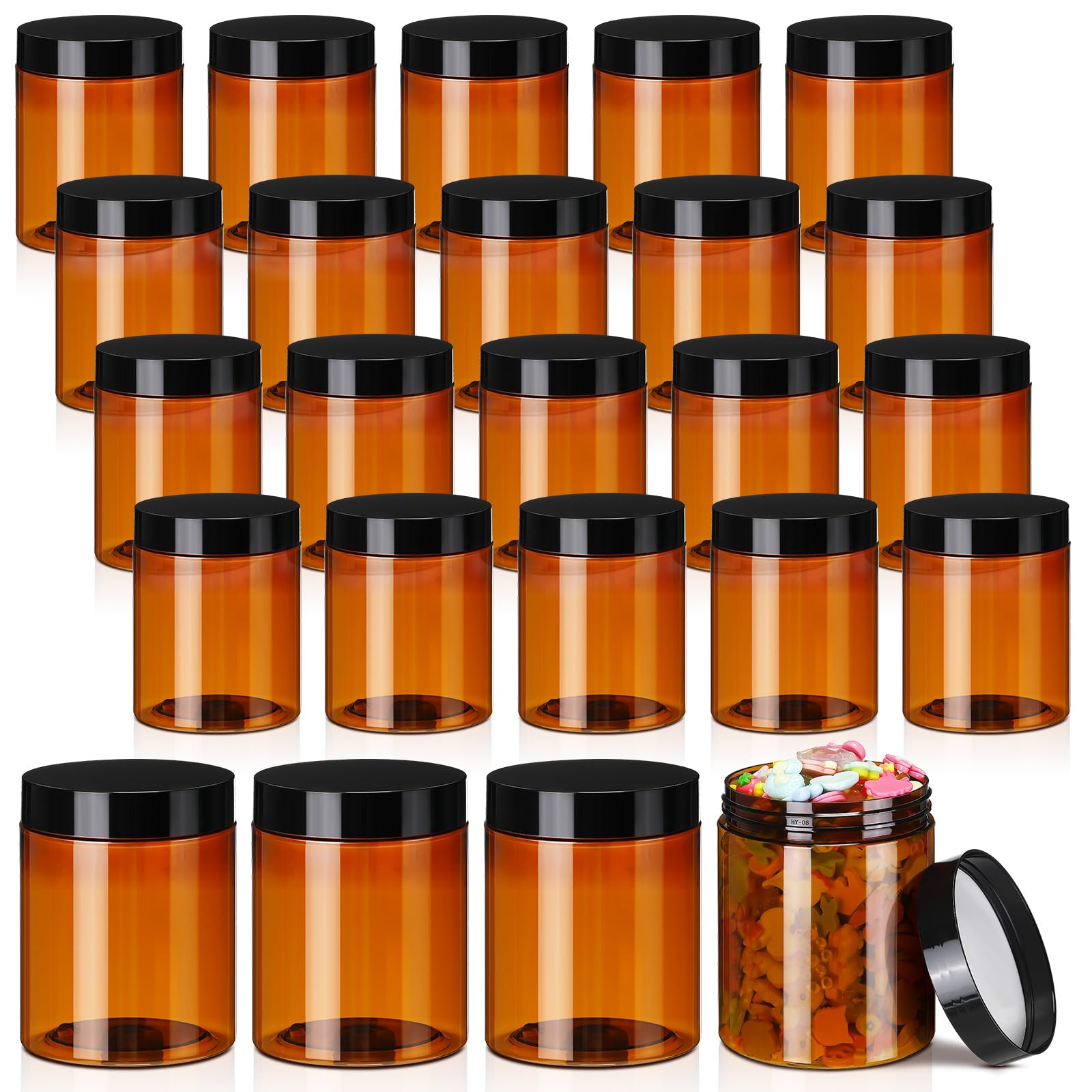 24 Pcs 16 oz Amber Plastic Jars with Lids - Leak Proof Round Cosmetic Containers for Creams, Lotions, Body Butter & Beauty Products | Refillable Travel Storage Jars for Oils, Ointments & Powders | Perfect for DIY Skincare, Home Organizing & Salon Use