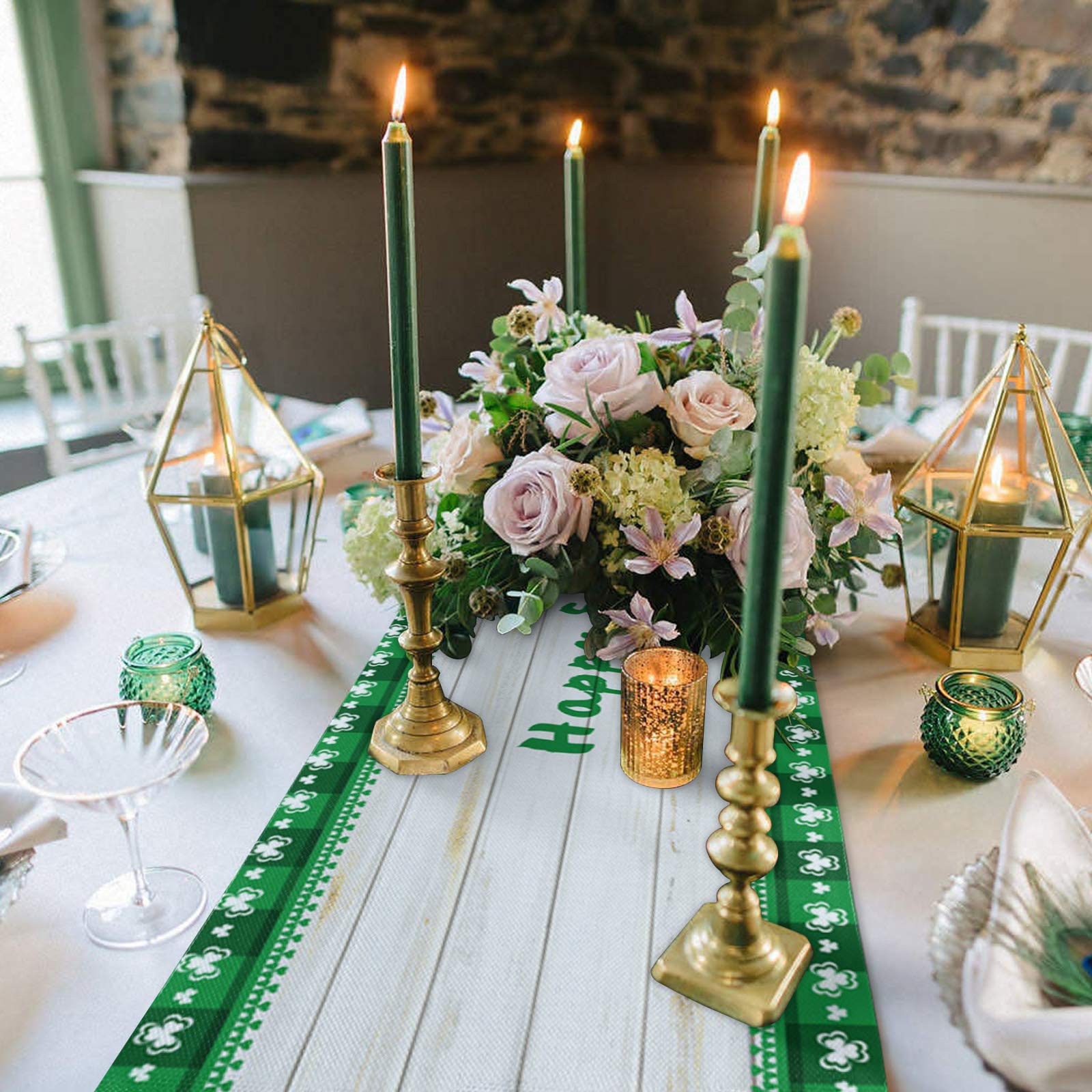 Saint Patrick's Day Table Runner 13x90 Inches - Washable Gnome & Little Truck Design with Clover & Wooden Plank Pattern - Perfect for Round, Kitchen, Coffee, Dining & End Tables - Great for St. Patrick's Day Decorations, Irish-Themed Parties & Home Dining