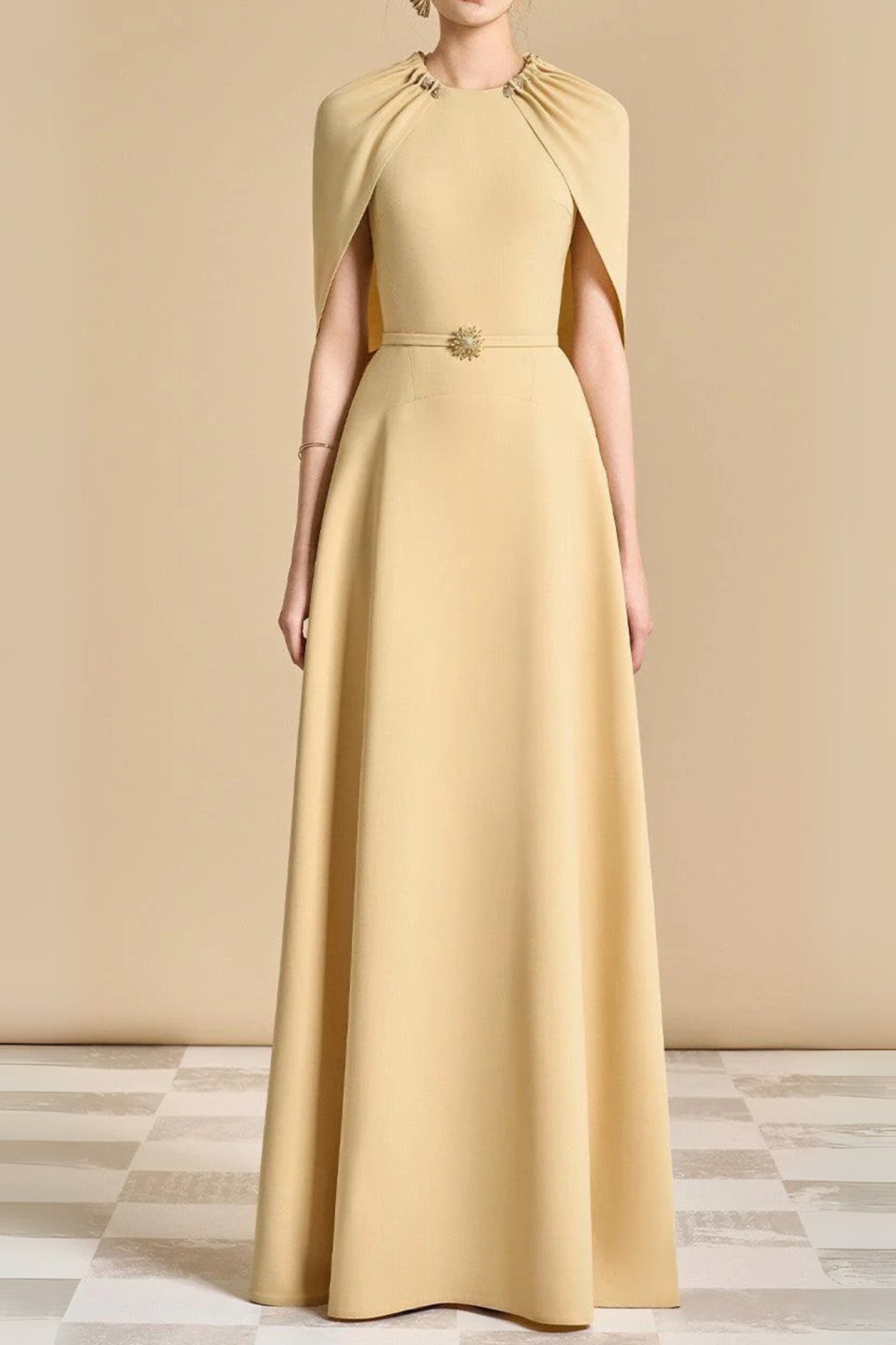 Elegant Yellow Beige Jasmine A-Line Cape Sleeve Maxi Dress for Women | Flowy Wedding Guest & Summer Party Dress