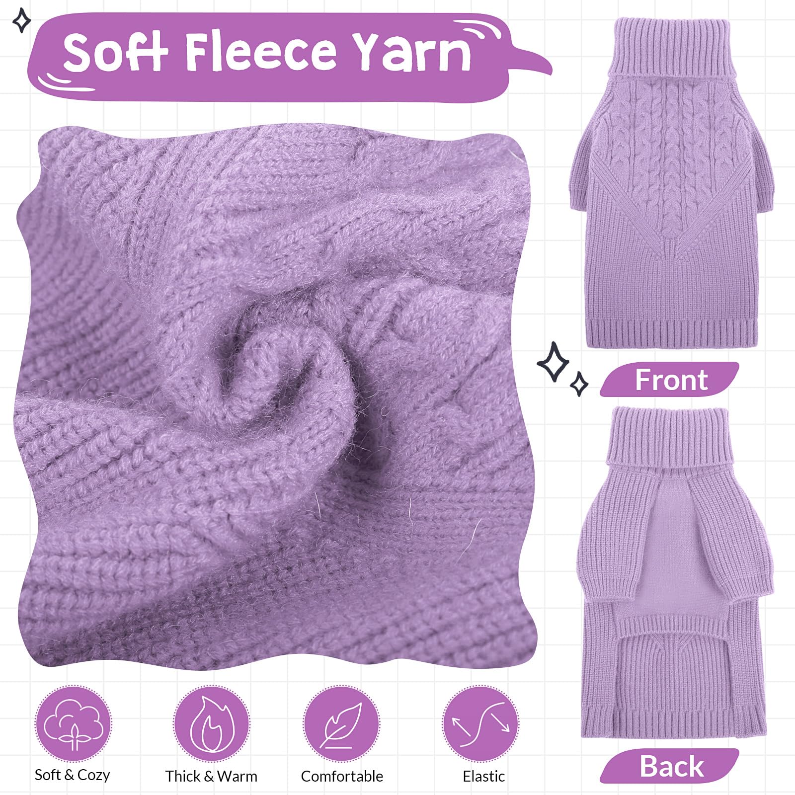 Queenmore Dog Sweater - Warm Winter Knit Puppy Sweater for Small Medium Large Dogs - Cozy Turtleneck Long Sleeve Dog Clothes for Boys & Girls - Christmas Holiday Pet Outfit (Lilac) - Perfect for Cold Weather Walks, Indoor Comfort & Festive Photos