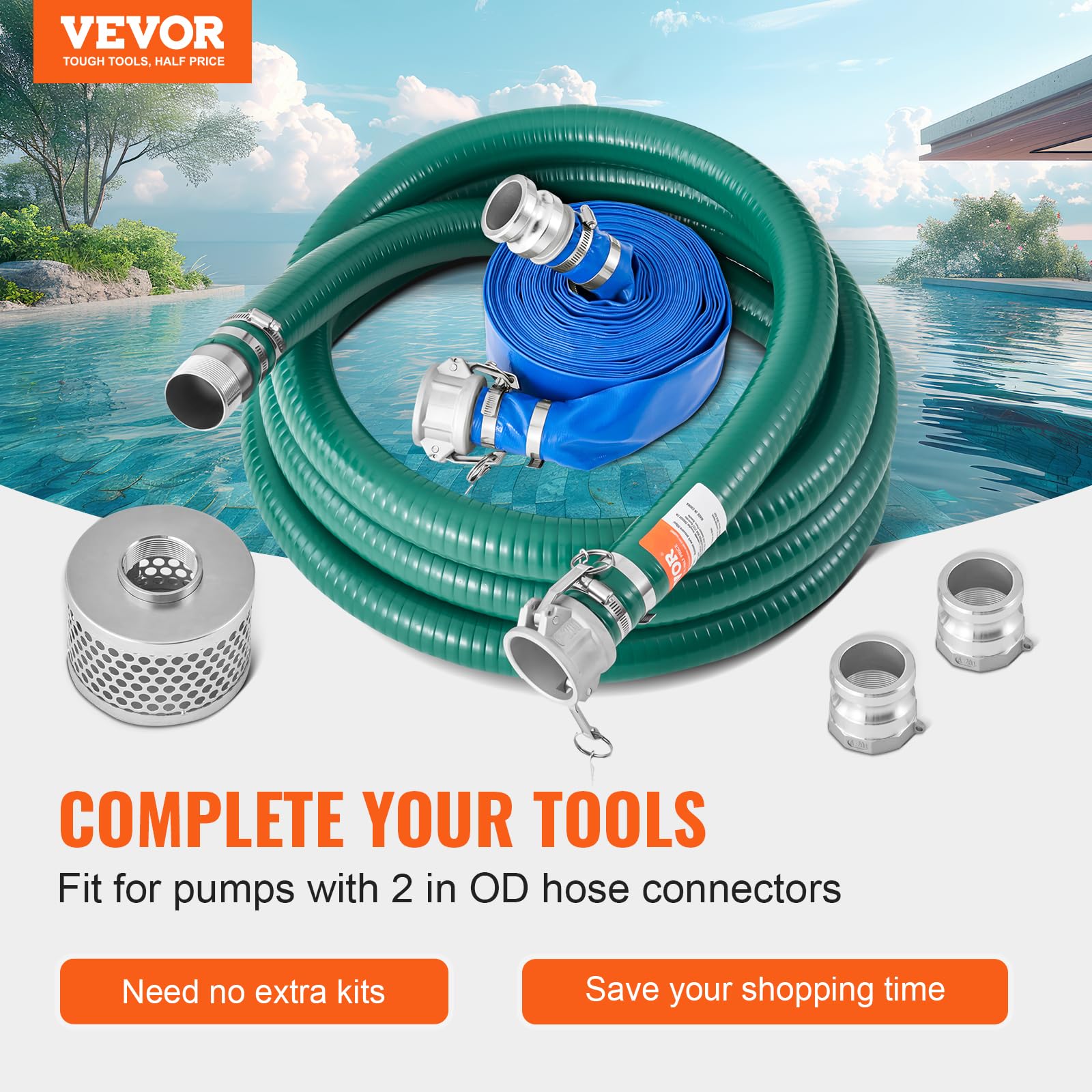 VEVOR 2 in x 65 ft Blue Backwash Hose & 20 ft Green Suction Hose Kit with Steel Strainer & Camlocks - Water Pump Accessories for Pool Cleaning, Pond Maintenance & Industrial Use