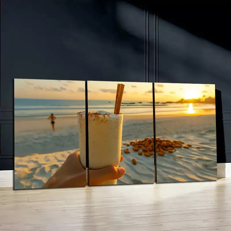3-Piece Sunset Beach Wall Art Set with Drink & Vanilla Beans - Framed Canvas 50x70cm - High Quality Australian Made Print - Ready to Hang - Perfect for Living Room, Bedroom & Beach House Decor