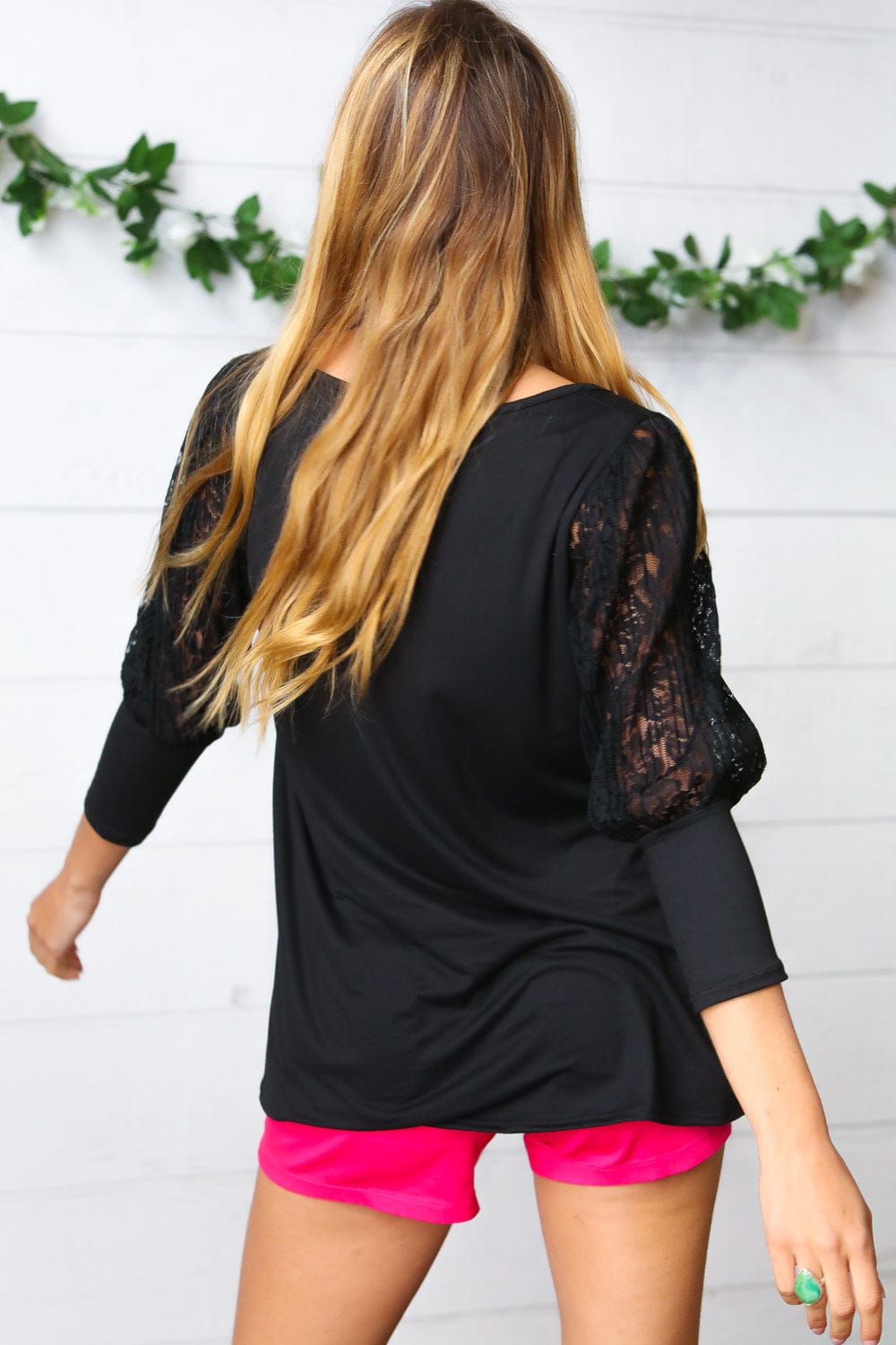Black Lace Three Quarter Bubble Sleeve Top - Elegant Women's Blouse for Party, Date Night & Special Occasions