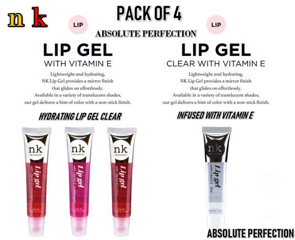 Nicka K Lip Gel 4 Pack - Clear, Strawberry, Cherry, Bubble Gum Flavors | Hydrating & Plumping Lip Gloss for Daily Wear & Special Occasions