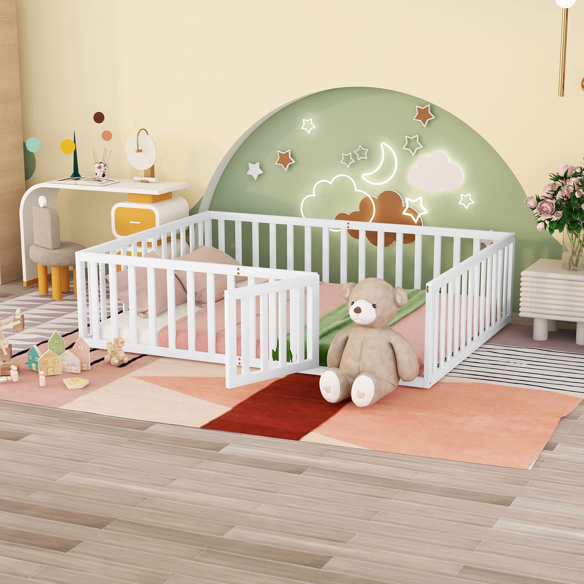MERITLINE Queen Size Wooden Bed Frame with Safety Fence & Door - Montessori Floor Bed for Kids 6+ Years | Easy Assembly | No Box Spring Needed (White) | Perfect for Toddler Rooms, Daycare Centers & Montessori Classrooms