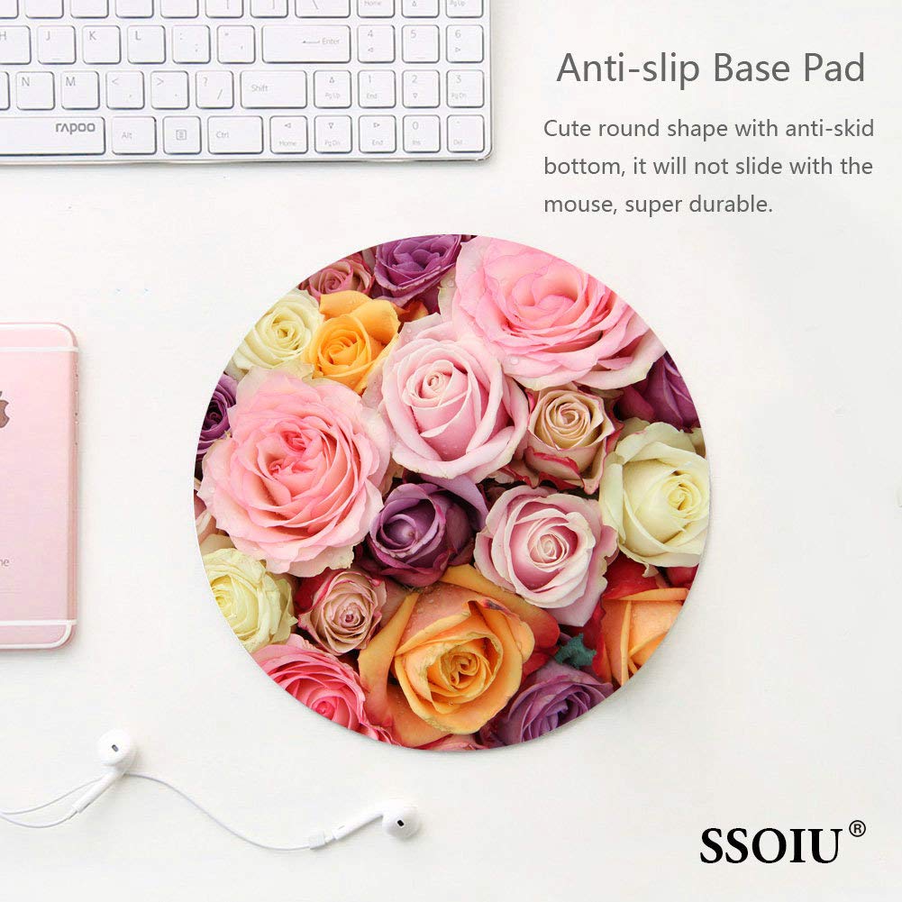 Floral Round Mouse Pad with Pink Purple Yellow Flowers - Non-Slip Cute Circular Mousepad for Office, Home & Gaming - Soft Comfortable Desk Accessory for Computers & Laptops