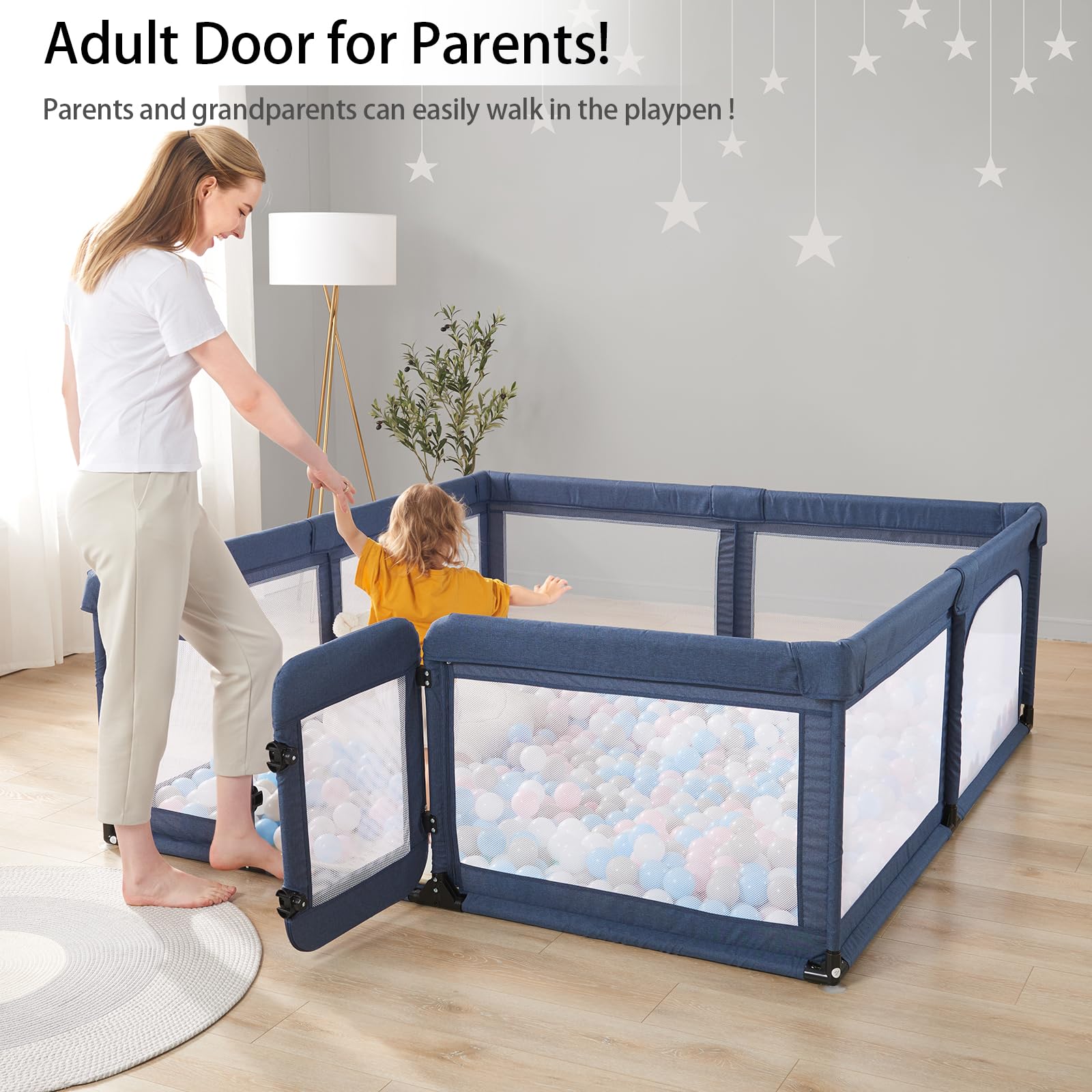 **Large Baby Playpen with Safety Gate - 79”x59” Sturdy Play Yard for Babies & Toddlers, Soft Breathable Mesh, Navy Blue - Perfect for Indoor Playroom, Nursery, or Living Room**