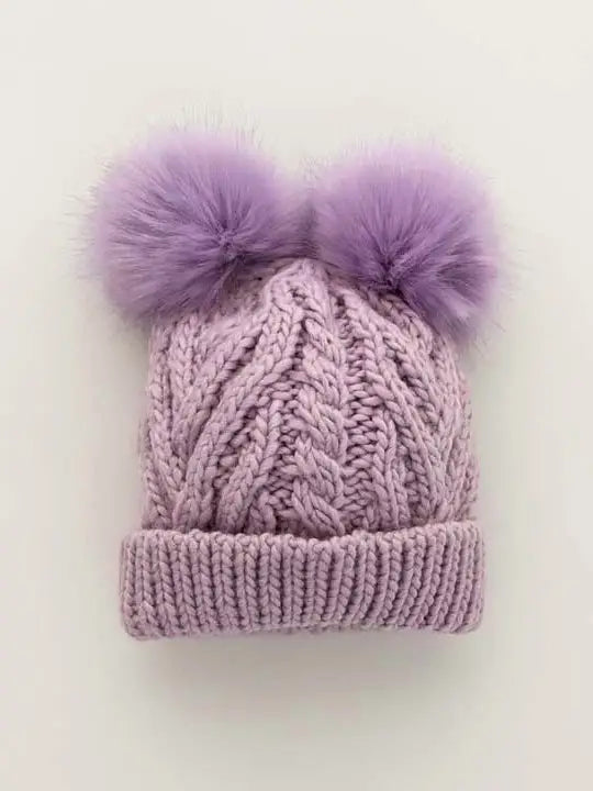 Lilac Fluffy Beanie Hat for Women - Soft Winter Knit Hat with Pom Pom - Cozy & Warm for Outdoor Activities, Skiing, Snowboarding