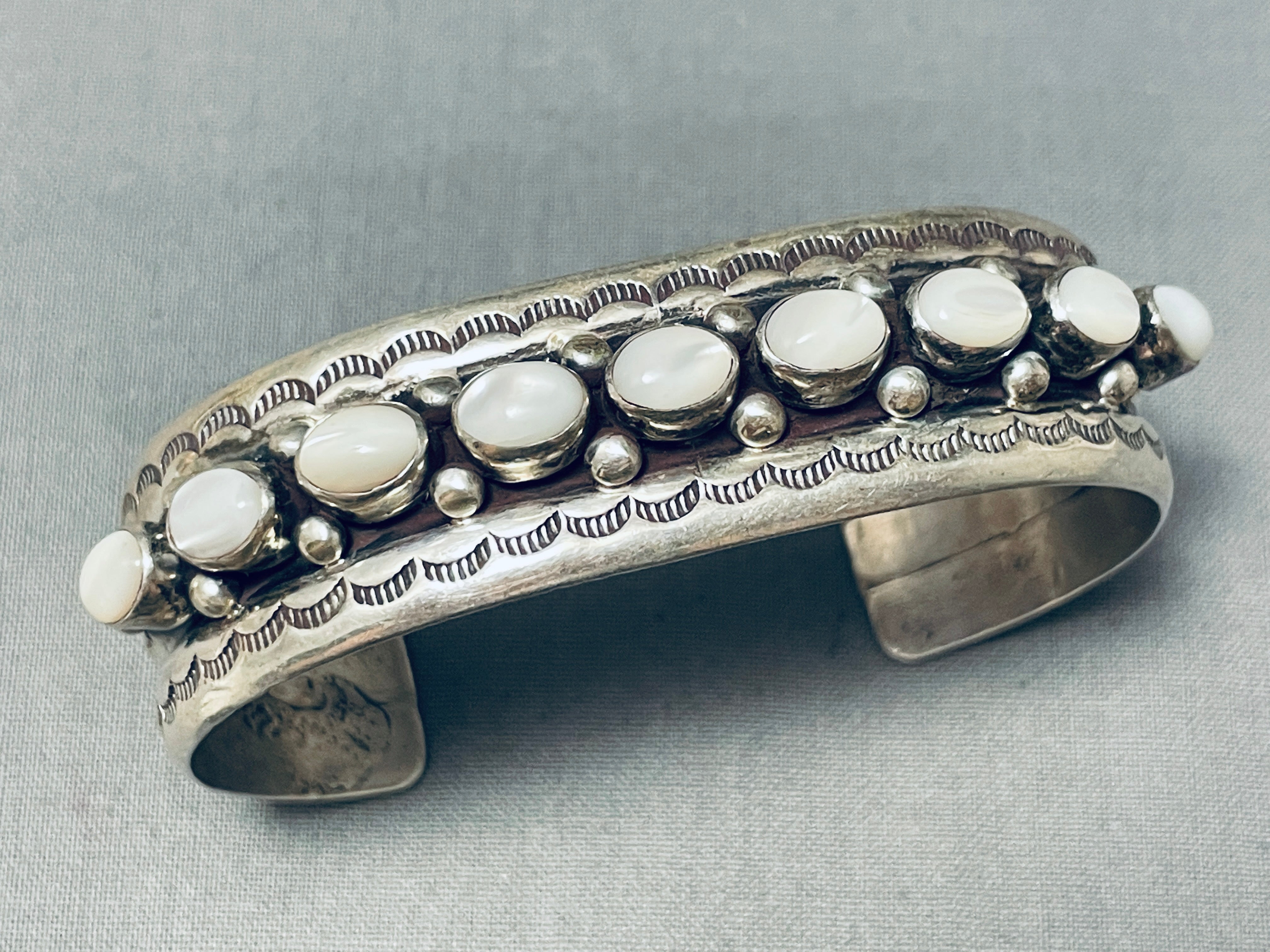 Vintage Navajo Sterling Silver Bracelet with Mother of Pearl - Handmade Native American Jewelry by Anna Begay - Perfect for Boho Fashion, Cultural Events & Gift Giving