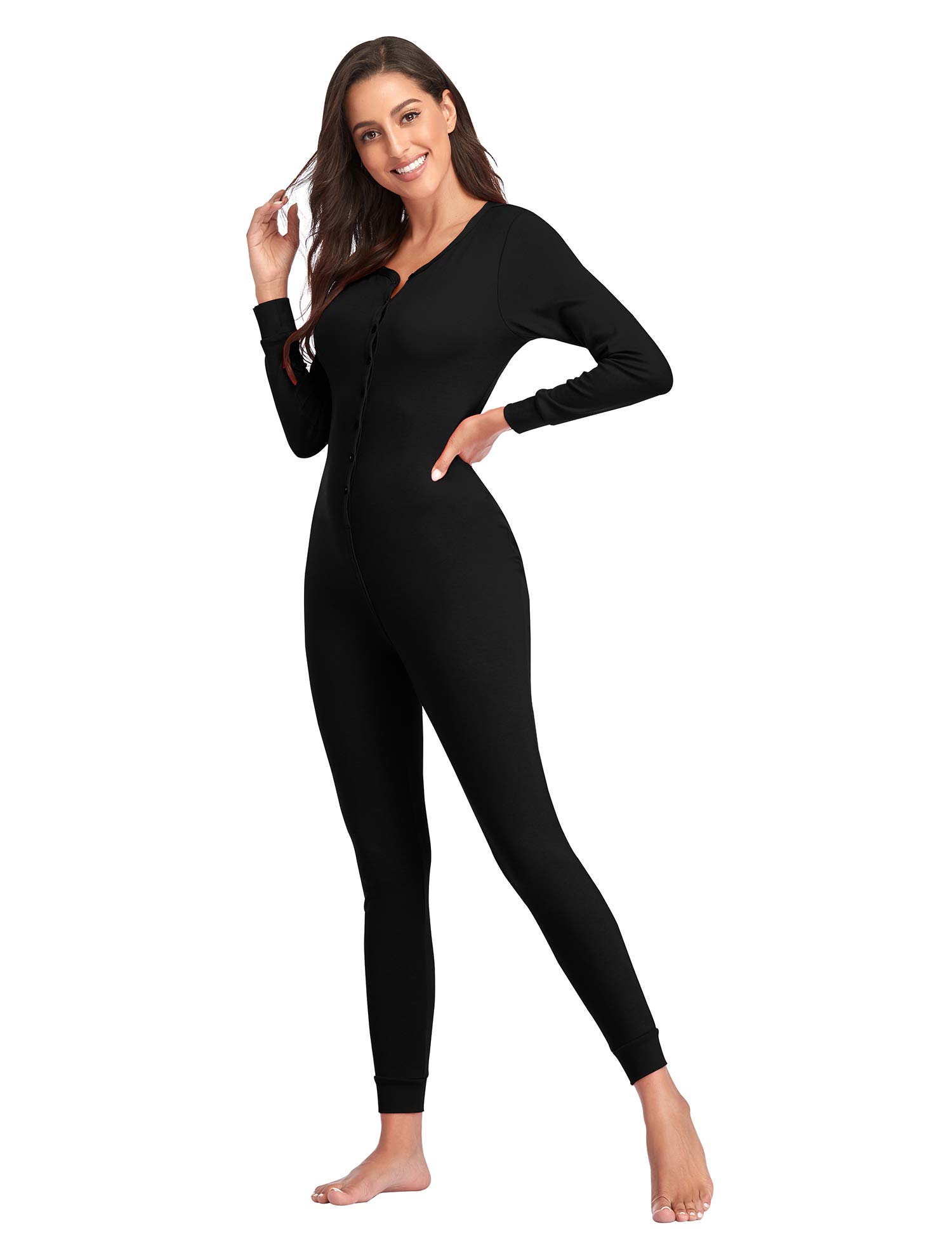 ColorfulLeaf Women's Cotton Onesie Pajamas - Thermal Union Suit with Henley Neckline for Sleeping, Lounging & Cold Weather Comfort