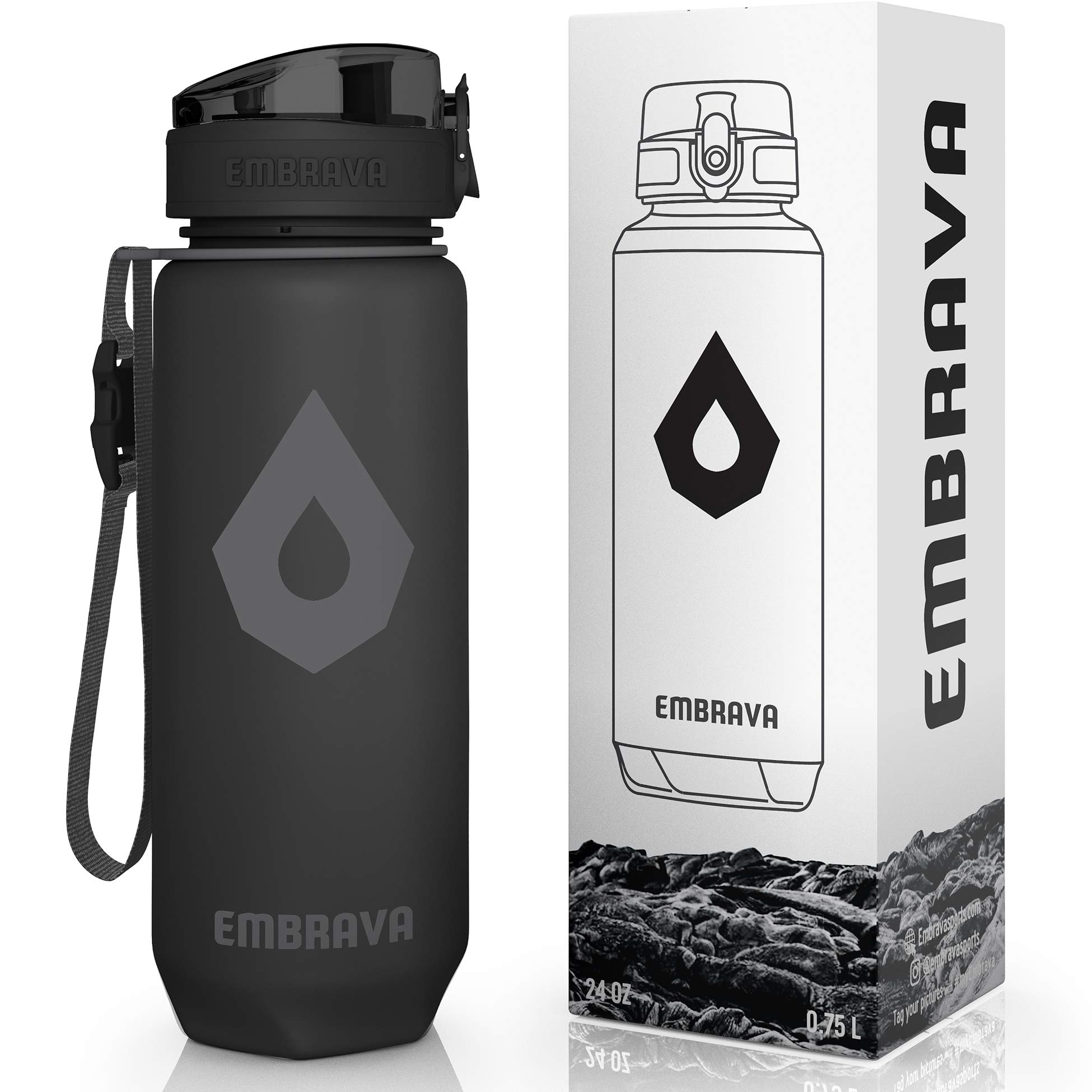 Embrava 24oz BPA-Free Plastic Sports Water Bottle with Time Markers - Leak Proof Gym & Outdoor Water Bottle for Fitness, Hiking, Running & Workouts