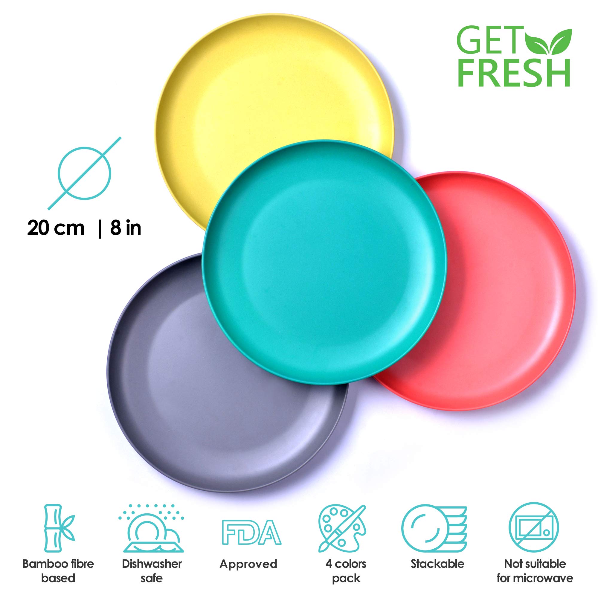 GET FRESH 4-Pack Bamboo Kids Plates Set - Eco-Friendly Reusable Bamboo Dinner Plates for Toddlers & Children - Colorful Bamboo Fiber Dinnerware Set - Durable & Safe Kids Tableware for Daily Meals, School Lunches & Picnics