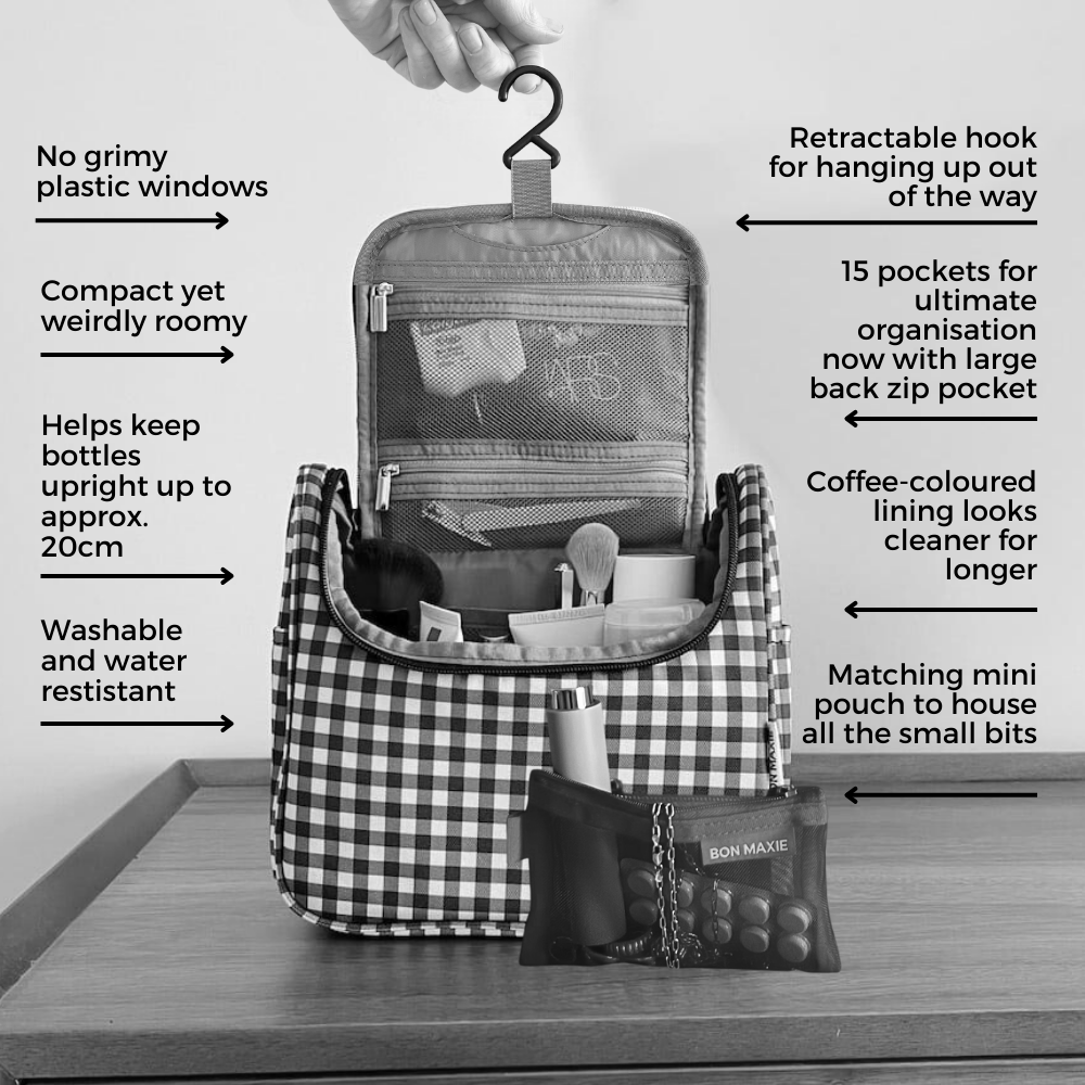 Bon Voyage Travel Toiletry Bag - Waterproof Hanging Cosmetic Organizer with Milk Tea Gingham Pattern | Perfect for Vacation, Business Trips & Gym Essentials